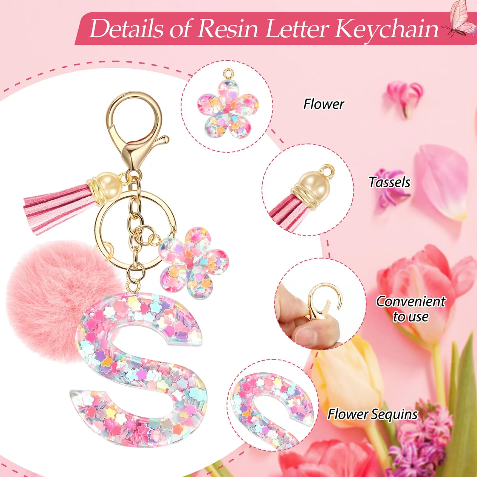 JSRQT Portachiavi con Iniziale F Rosa per Donne Ragazze, Nome Portachiavi Lettere dell'alfabeto in Resina a Fiore con Ciondoli a Pompon, Carino Ciondolo alla Moda Key Chain per Borse e Zaini - immagine 4