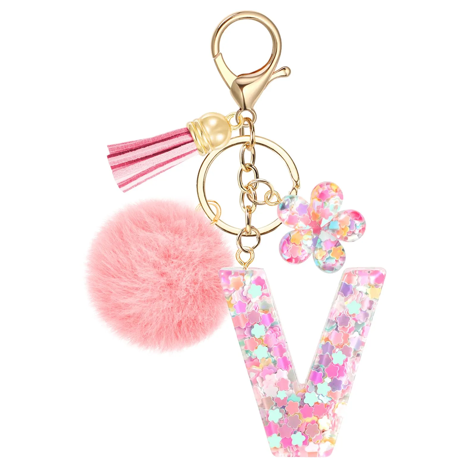 JSRQT Portachiavi con Iniziale V Rosa per Donne Ragazze, Nome Portachiavi Lettere dell'alfabeto in Resina a Fiore con Ciondoli a Pompon, Carino Ciondolo alla Moda Key Chain per Borse e Zaini - immagine 1