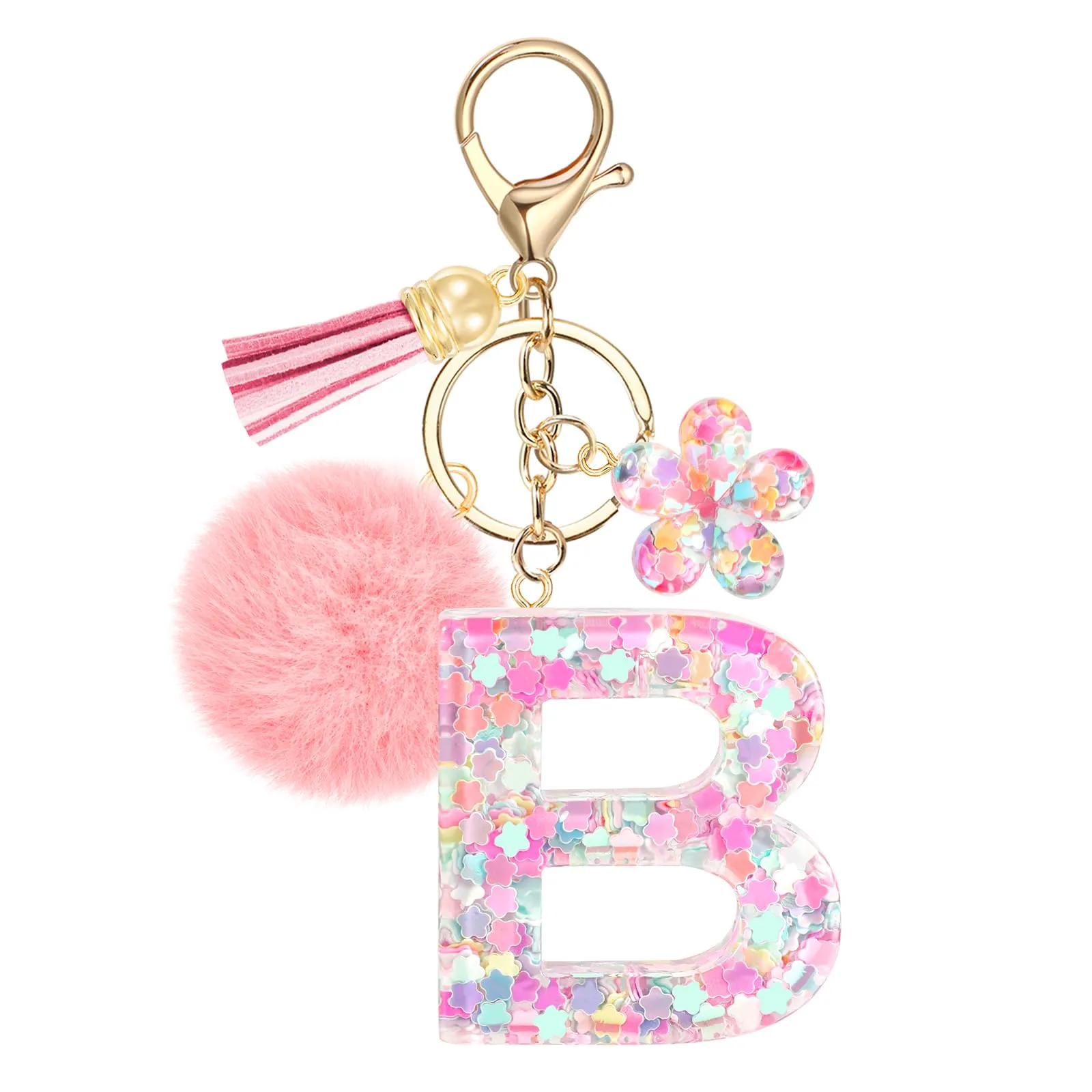 JSRQT Portachiavi con Iniziale B Rosa per Donne Ragazze, Nome Portachiavi Lettere dell'alfabeto in Resina a Fiore con Ciondoli a Pompon, Carino Ciondolo alla Moda Key Chain per Borse e Zaini - immagine 1