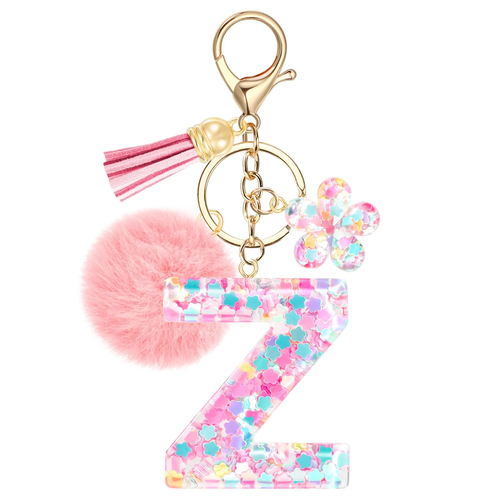 JSRQT Portachiavi con Iniziale Z Rosa per Donne Ragazze, Nome Portachiavi Lettere dell'alfabeto in Resina a Fiore con Ciondoli a Pompon, Carino Ciondolo alla Moda Key Chain per Borse e Zaini - immagine 1