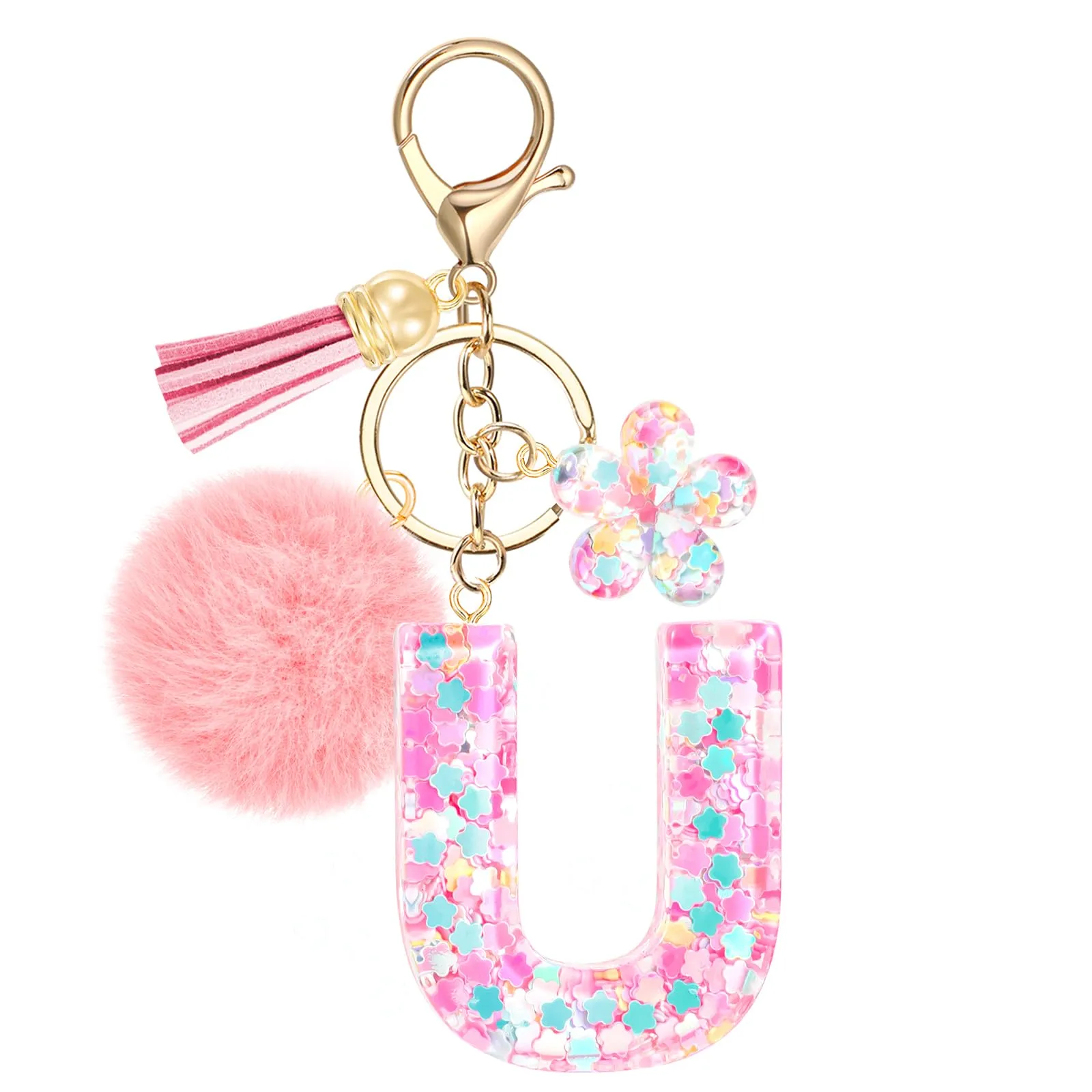 JSRQT Portachiavi con Iniziale U Rosa per Donne Ragazze, Nome Portachiavi Lettere dell'alfabeto in Resina a Fiore con Ciondoli a Pompon, Carino Ciondolo alla Moda Key Chain per Borse e Zaini - immagine 1