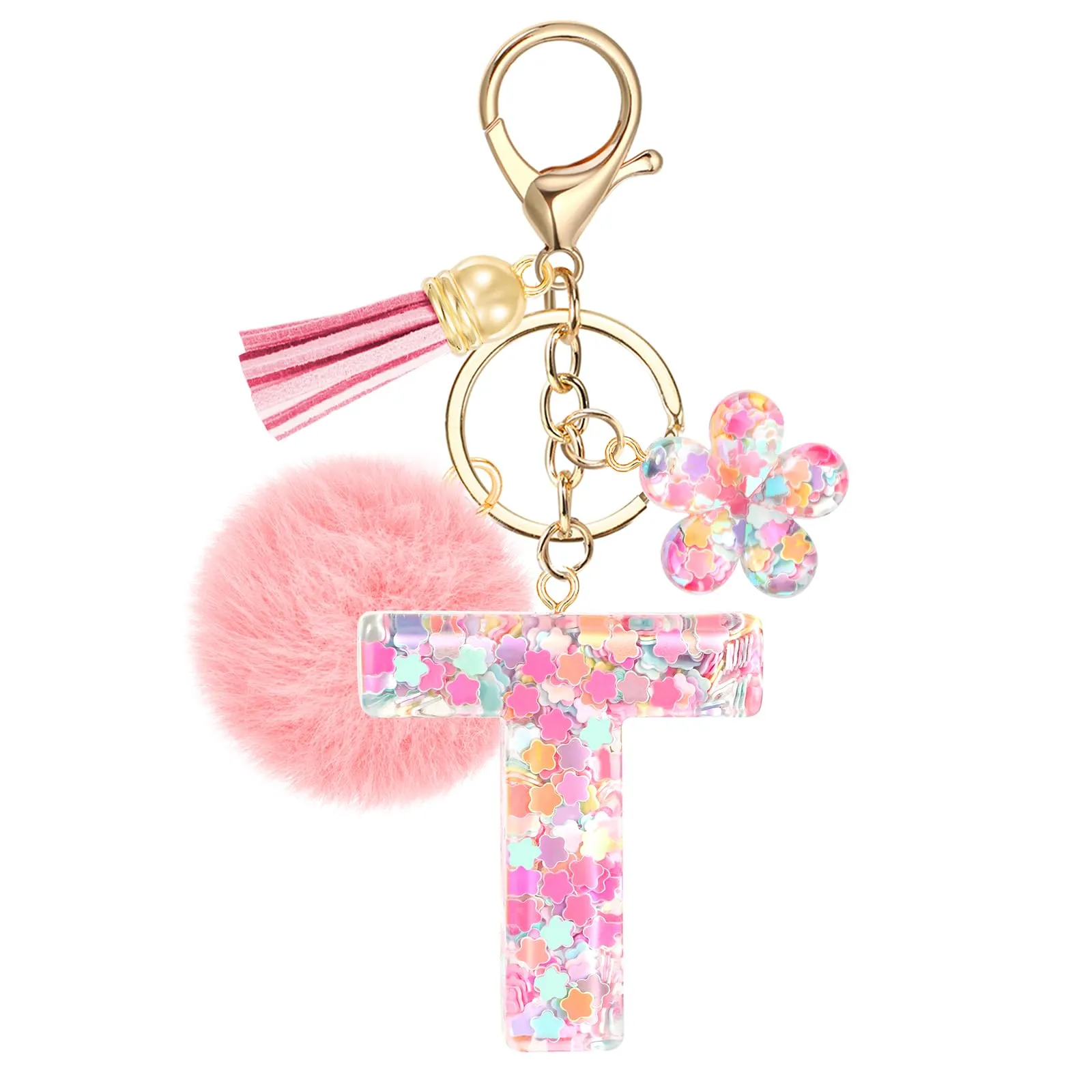 JSRQT Portachiavi con Iniziale T Rosa per Donne Ragazze, Nome Portachiavi Lettere dell'alfabeto in Resina a Fiore con Ciondoli a Pompon, Carino Ciondolo alla Moda Key Chain per Borse e Zaini - immagine 1