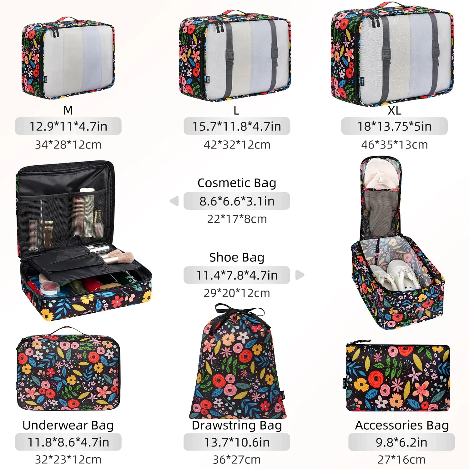 BAGAIL Cubi da Imballaggio per Valigia Set 8 Pezzi, Organizzatori Leggeri per Bagagli e Accessori da Viaggio, Fiori nero - immagine 2