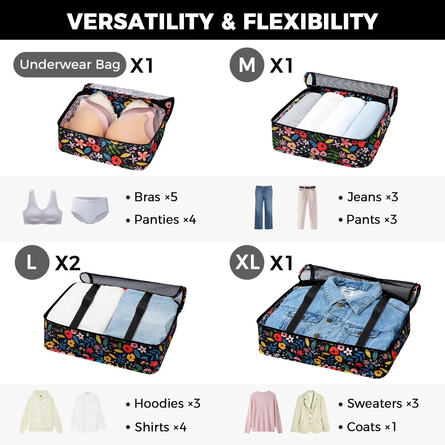 BAGAIL Cubi da Imballaggio per Valigia Set 8 Pezzi, Organizzatori Leggeri per Bagagli e Accessori da Viaggio, Fiori nero - immagine 3