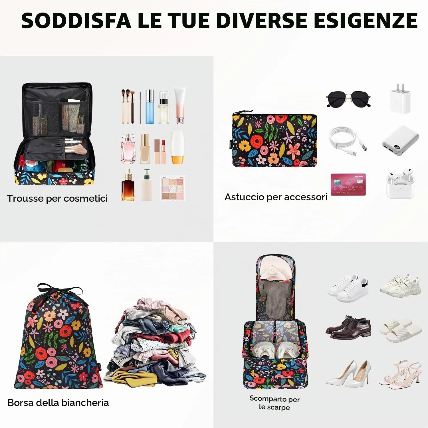 BAGAIL Cubi da Imballaggio per Valigia Set 8 Pezzi, Organizzatori Leggeri per Bagagli e Accessori da Viaggio, Fiori nero - immagine 4