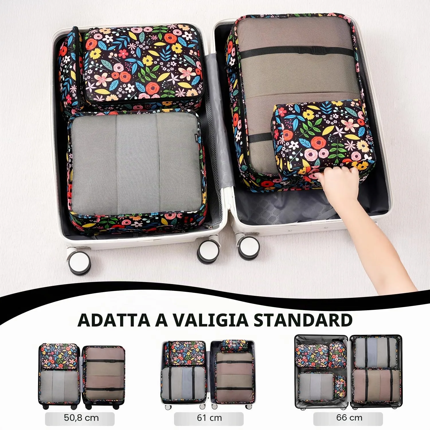 BAGAIL Cubi da Imballaggio per Valigia Set 8 Pezzi, Organizzatori Leggeri per Bagagli e Accessori da Viaggio, Fiori nero - immagine 5
