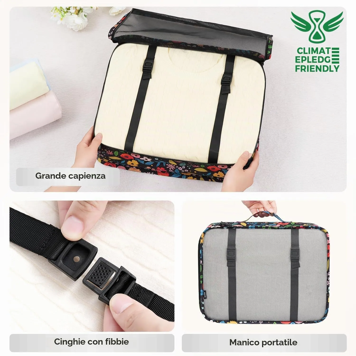 BAGAIL Cubi da Imballaggio per Valigia Set 8 Pezzi, Organizzatori Leggeri per Bagagli e Accessori da Viaggio, Fiori nero - immagine 6