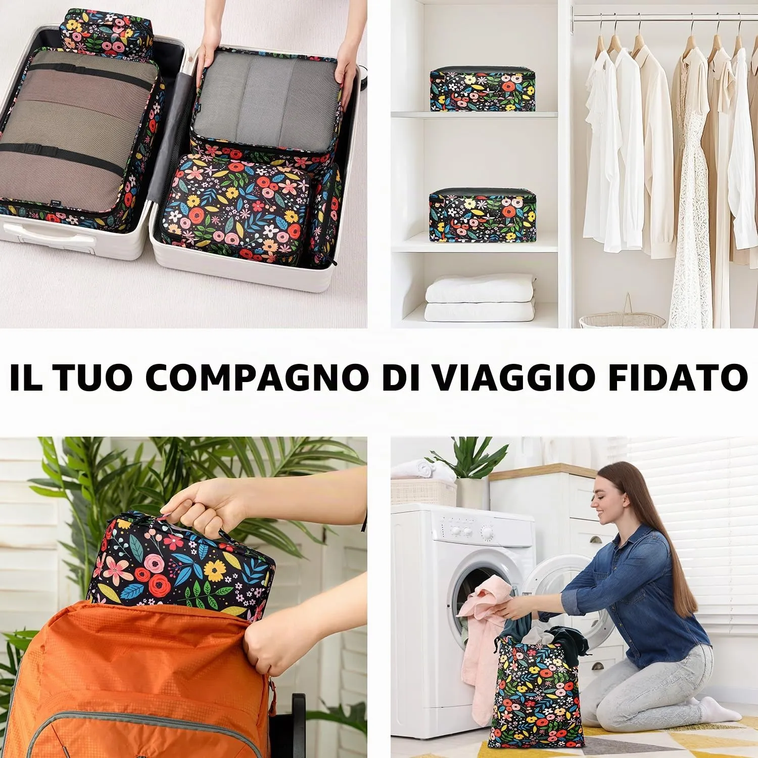 BAGAIL Cubi da Imballaggio per Valigia Set 8 Pezzi, Organizzatori Leggeri per Bagagli e Accessori da Viaggio, Fiori nero - immagine 8