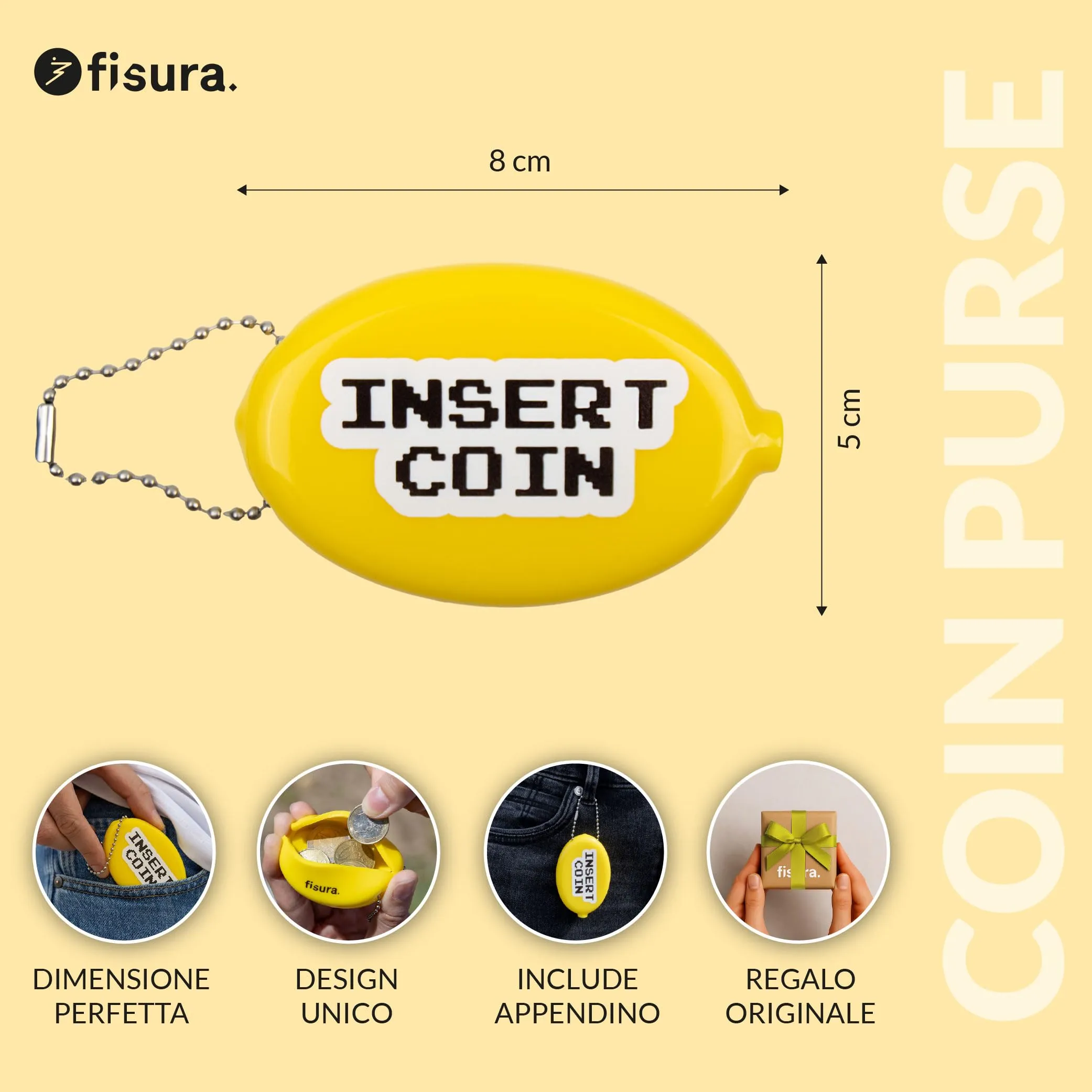 Fisura – Portamonete ovale in gomma “Insert coin” giallo. Portamonete retrò con catenella, portafoglio da tasca per tutti i giorni, idea regalo unisex. 1 pezzo. - immagine 2