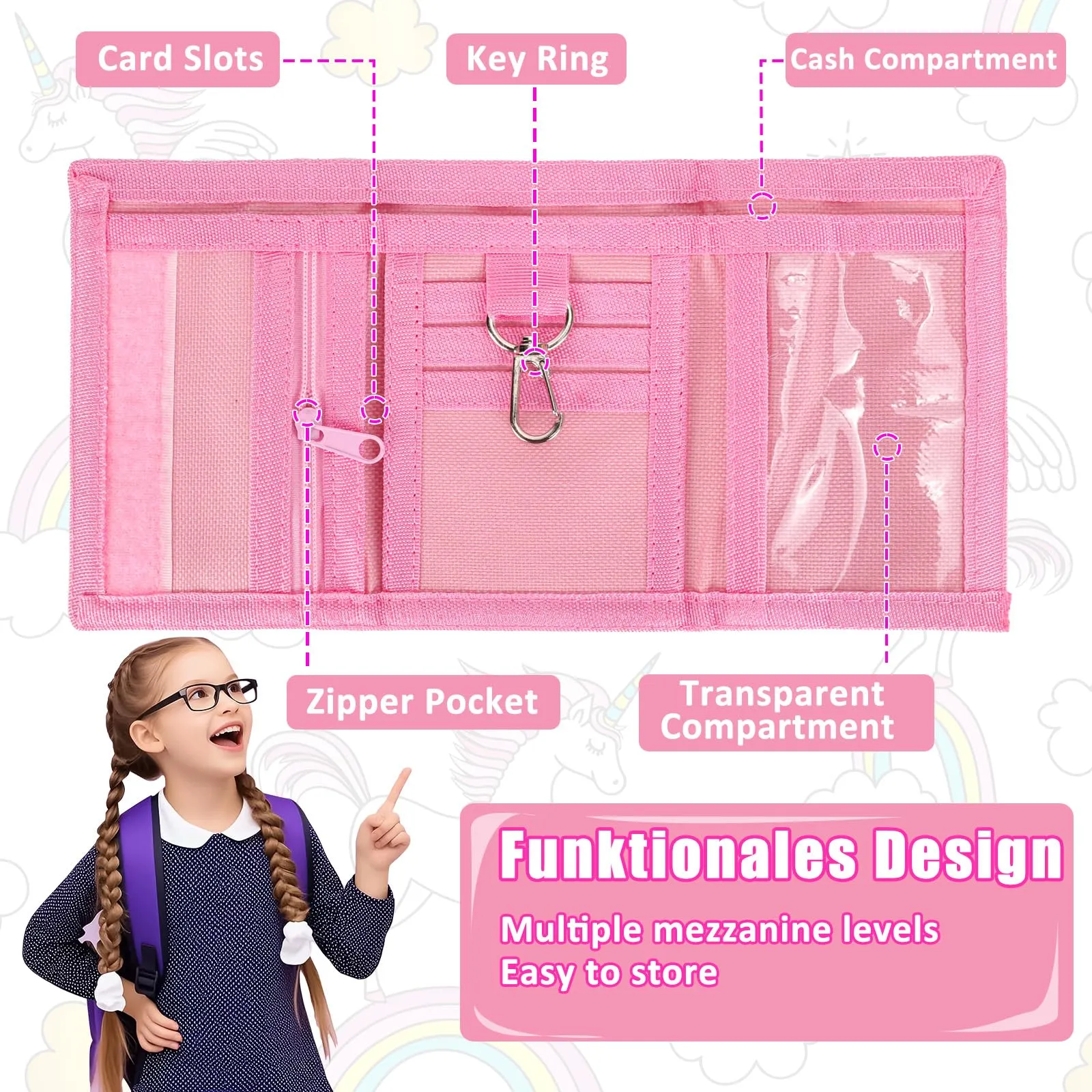 GADITIEK Marsupio da collo per ragazze, portafoglio per bambini con portachiavi, portafoglio per bambini per ragazze, compleanni (Unicorn - New) - immagine 3