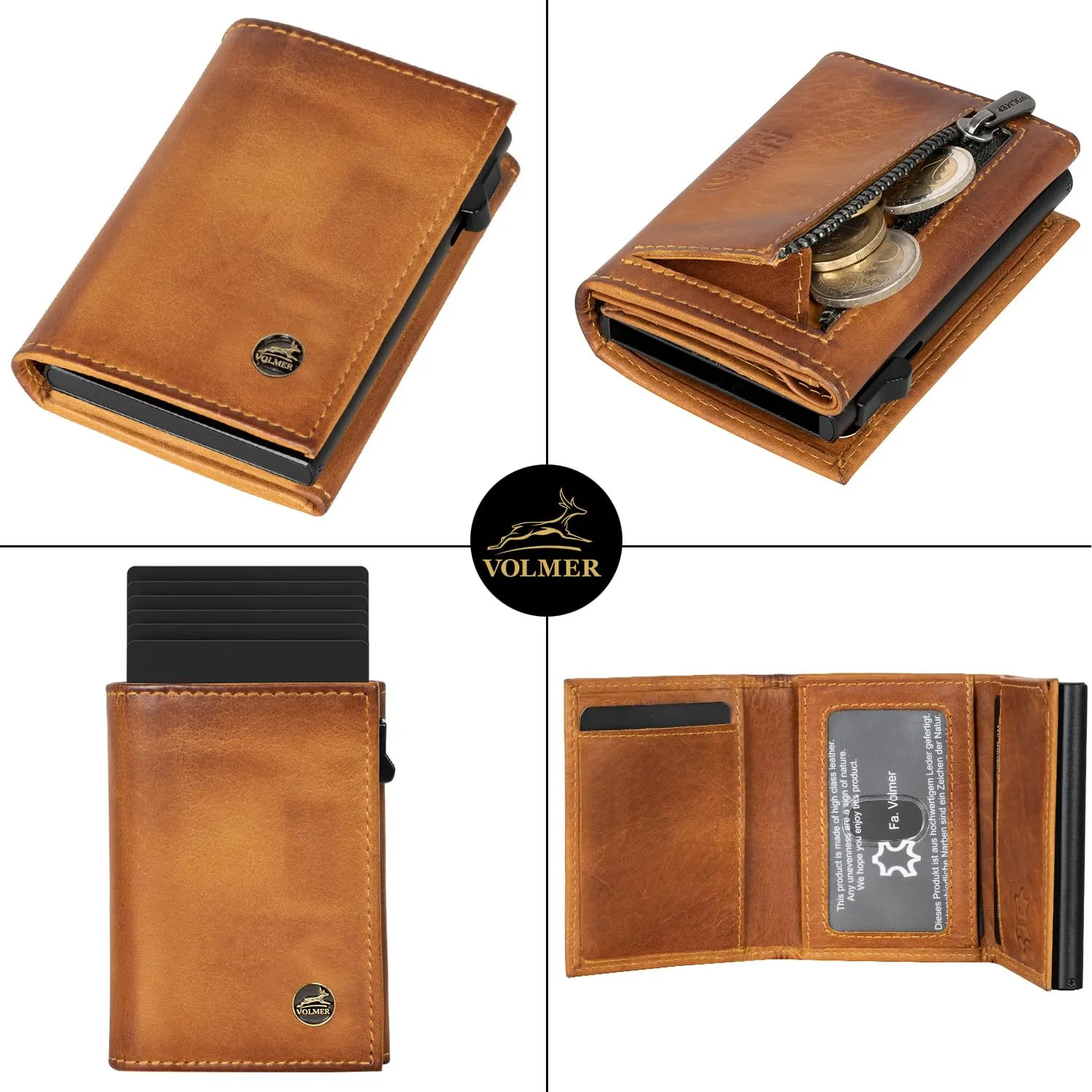 Fa.Volmer Porta carte con portamonete in vera pelle per uomo e donna | 11 carte | protezione RFID | Portafoglio VO44 (Cognac, piccolo scomparto per monete) - immagine 3