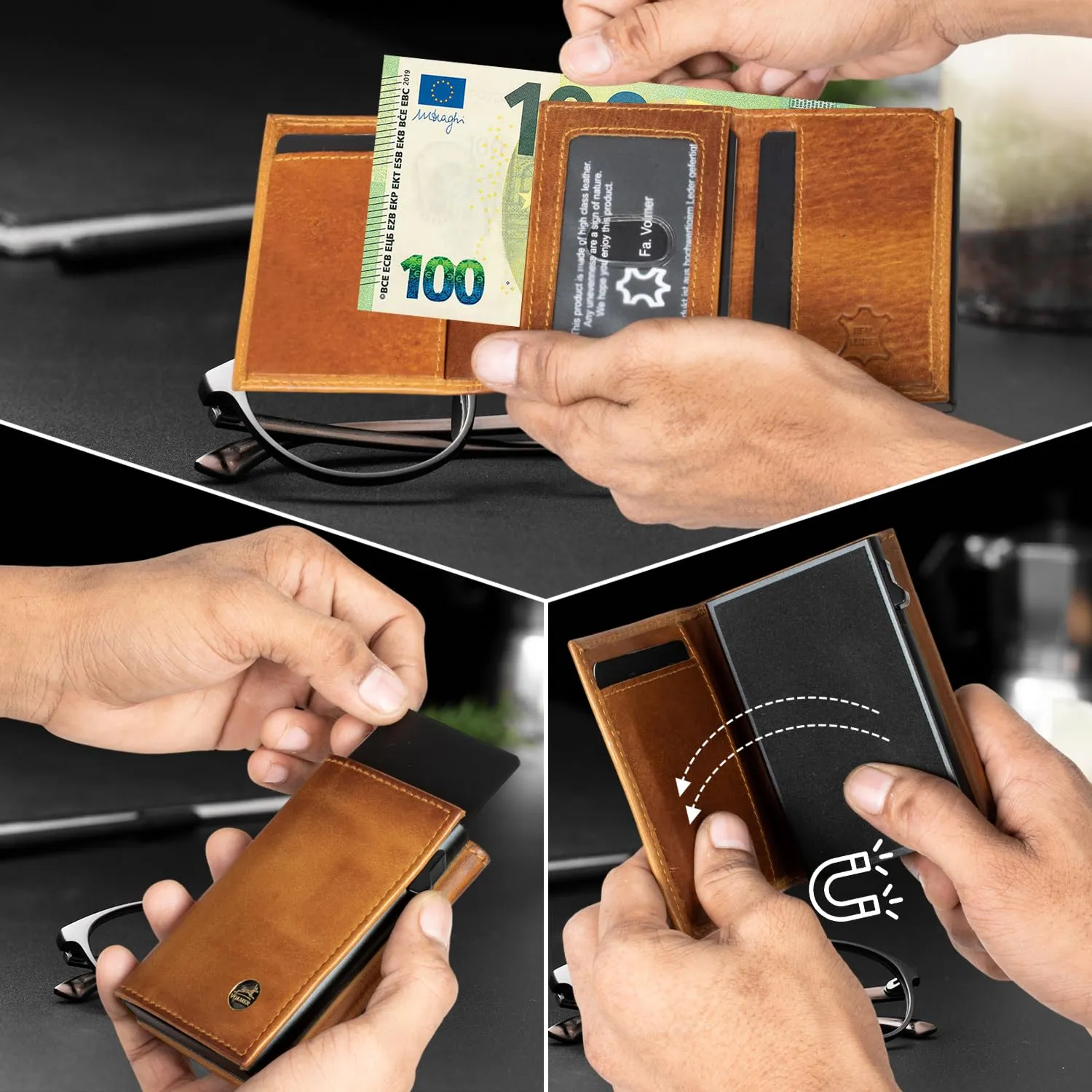 Fa.Volmer Porta carte con portamonete in vera pelle per uomo e donna | 11 carte | protezione RFID | Portafoglio VO44 (Cognac, piccolo scomparto per monete) - immagine 4
