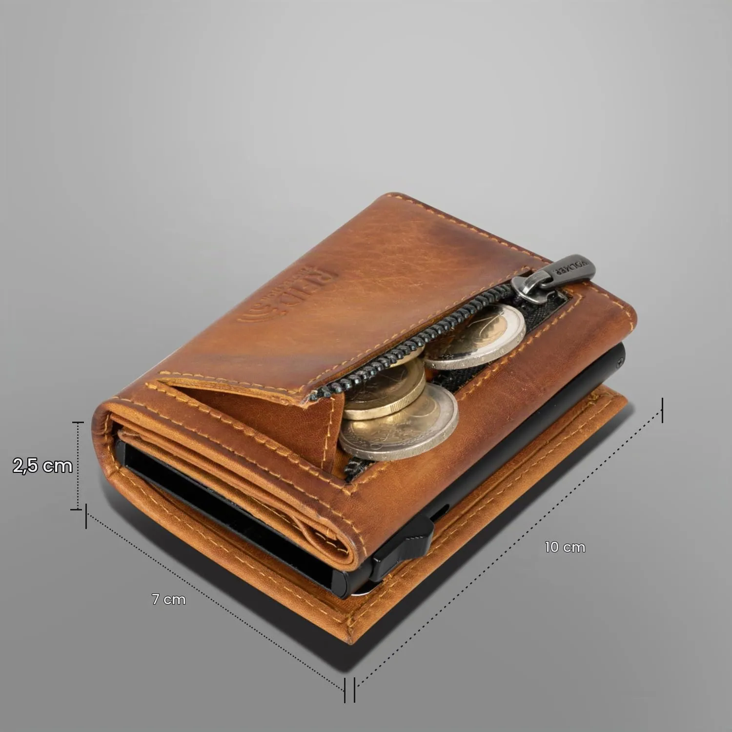 Fa.Volmer Porta carte con portamonete in vera pelle per uomo e donna | 11 carte | protezione RFID | Portafoglio VO44 (Cognac, piccolo scomparto per monete) - immagine 6
