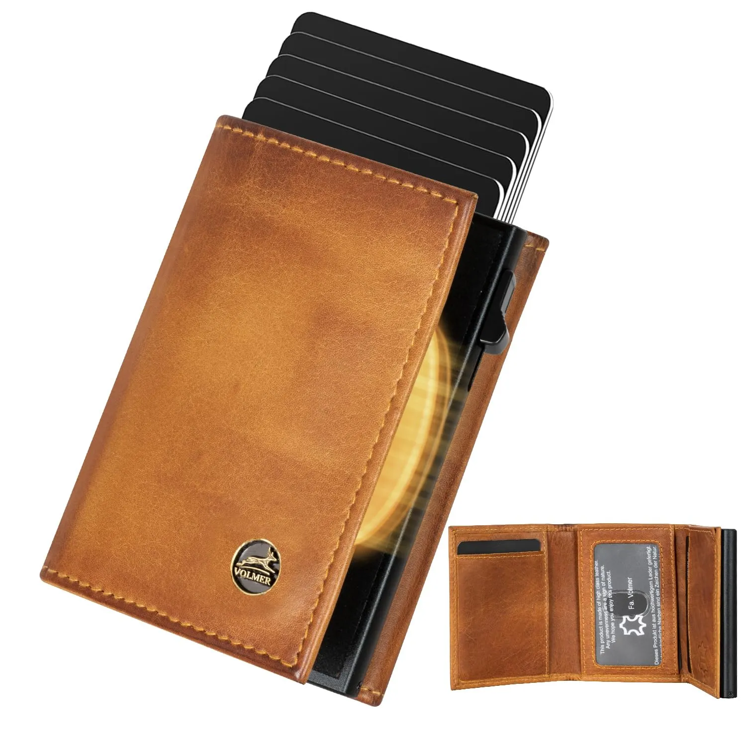 Fa.Volmer Porta carte con portamonete in vera pelle per uomo e donna | 11 carte | protezione RFID | Portafoglio VO44 (Cognac, piccolo scomparto per monete) - immagine 7