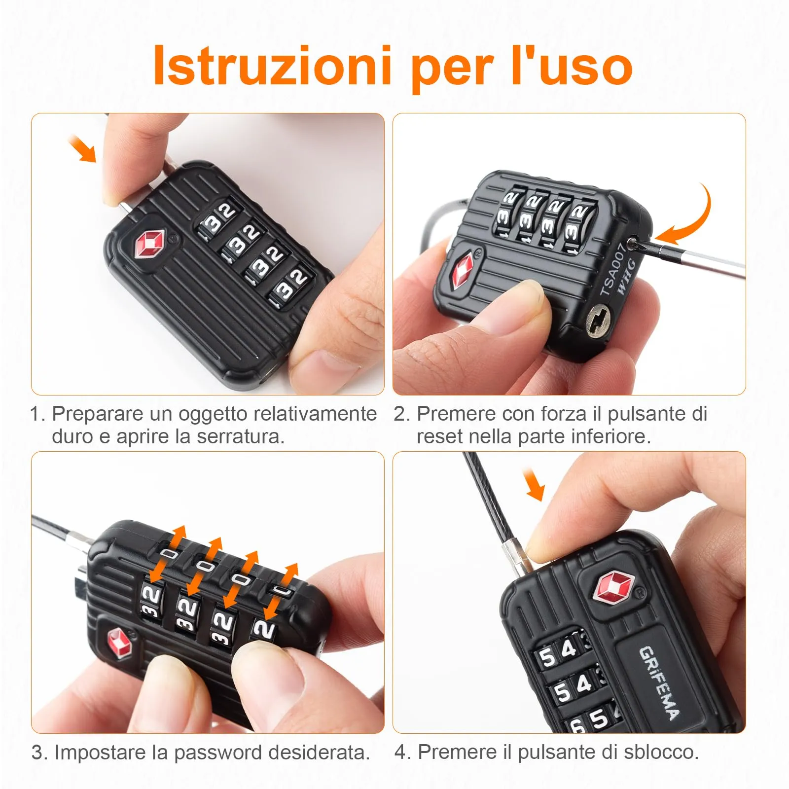 GRIFEMA GA1008 Lucchetto TSA Combinazione 4 Cifre – Cavo Acciaio Nero - immagine 7