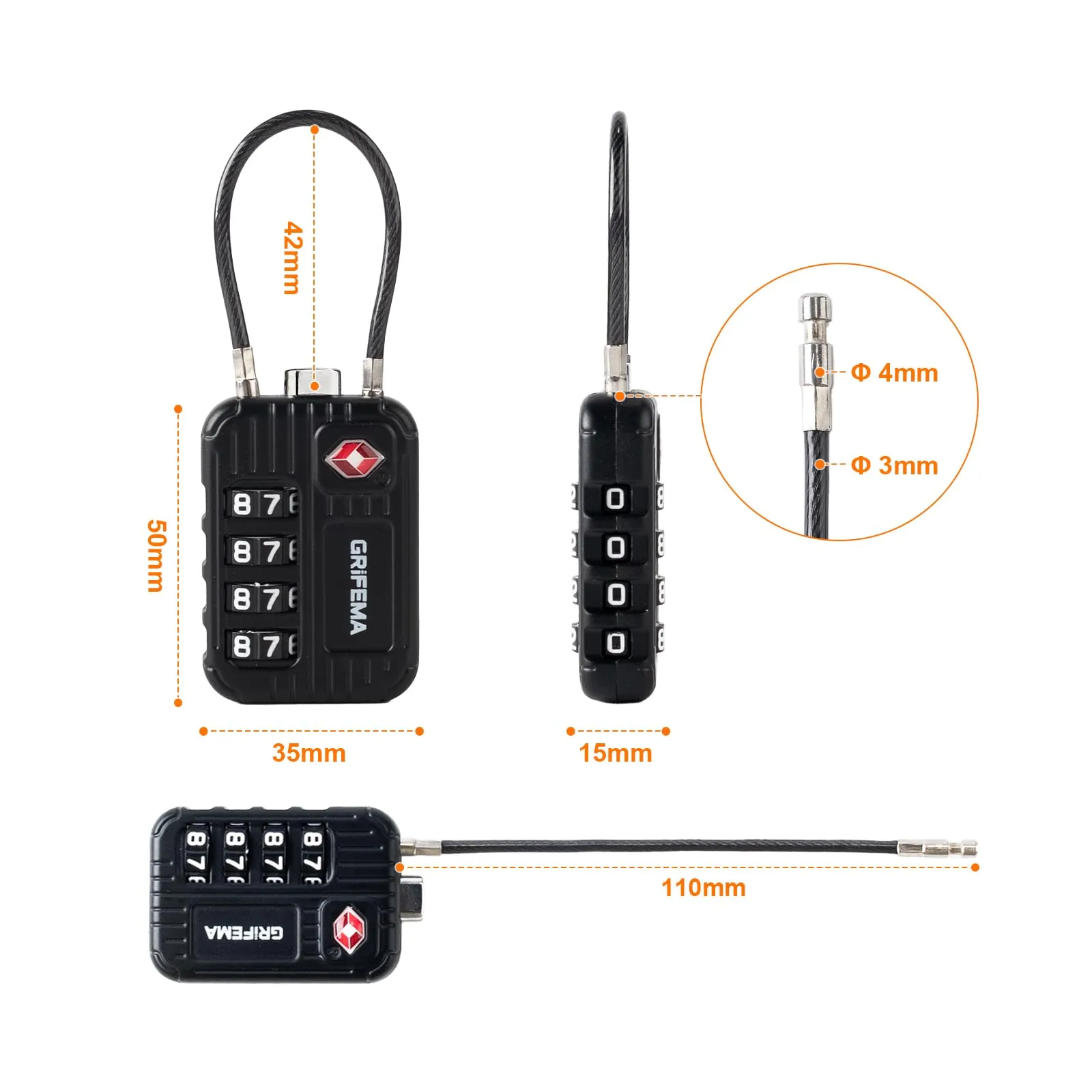 GRIFEMA GA1008 Lucchetto TSA Combinazione 4 Cifre – Cavo Acciaio Nero - immagine 9