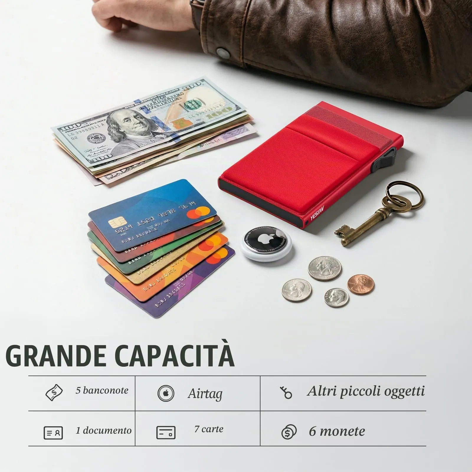 YESIIW Portafoglio minimalista con protezione RFID, porta carte di credito, sottile, con scomparto per monete, piccolo portamonete, da uomo, rosso - immagine 4