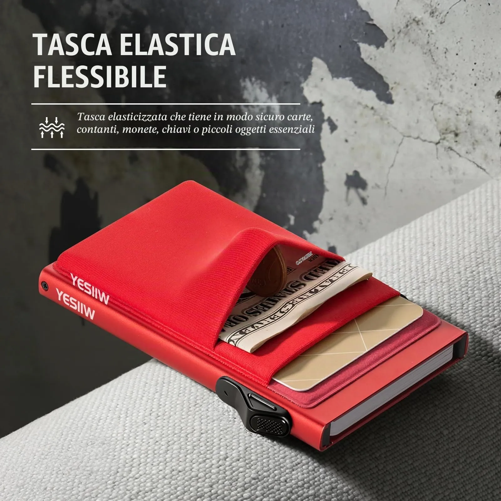 YESIIW Portafoglio minimalista con protezione RFID, porta carte di credito, sottile, con scomparto per monete, piccolo portamonete, da uomo, rosso - immagine 6