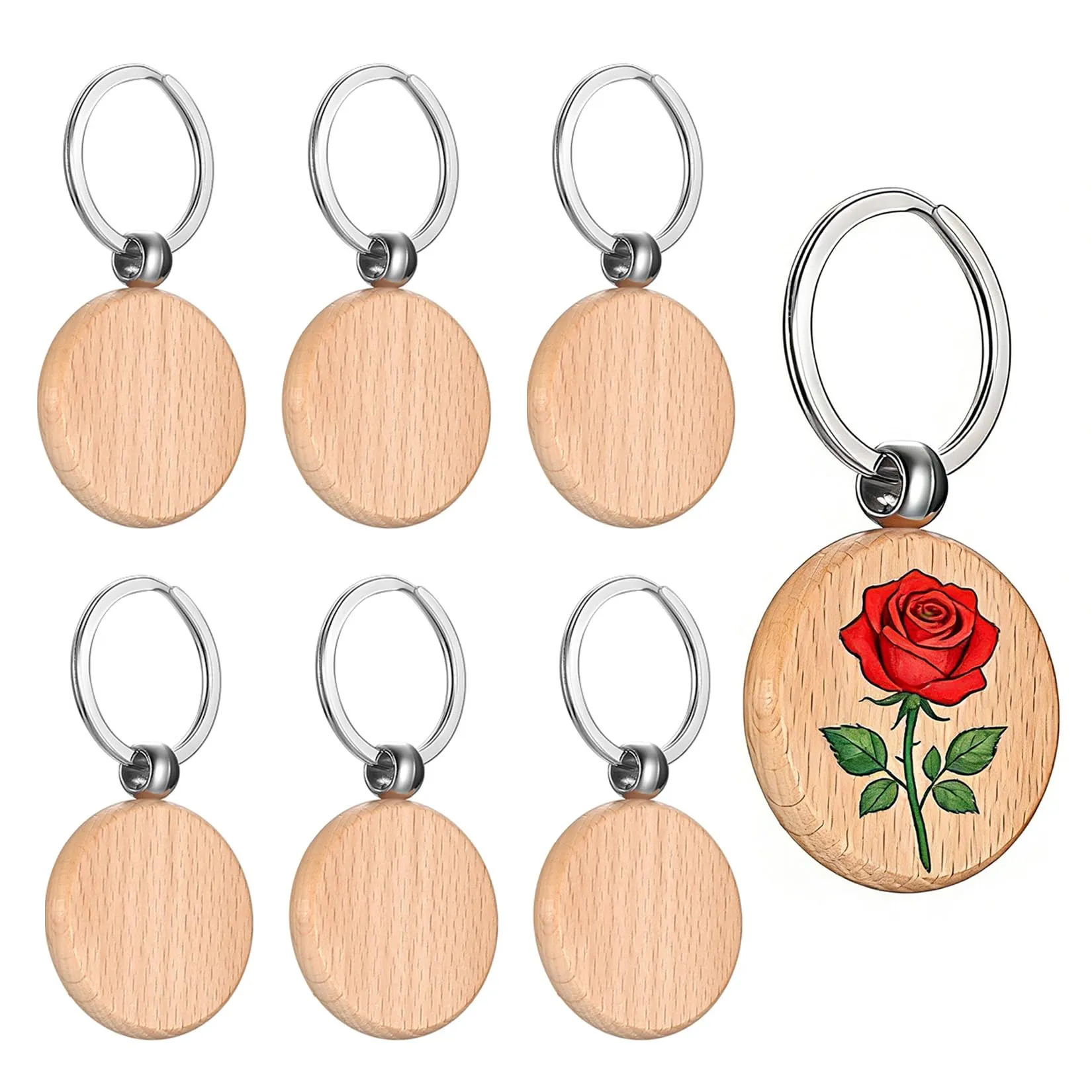 50 Pz Portachiavi in Legno Personalizzato, Dischi Rotondi Fai-da-Te - immagine 1