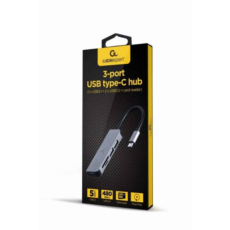 Hub Gembird 3 porte USB 3.1 5 Gbit/s UHB-CM-CRU3P1U2P2-01 Argento MicroSD SD - immagine 1