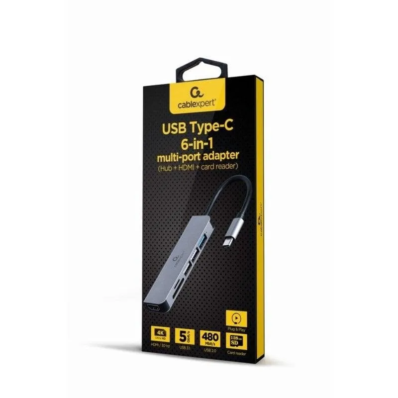 Adattatore Multiporta Gembird A-CM-COMBO6-02 USB-C HDMI 4K SD MicroSD USB 3.1/2.0 Grigio - immagine 1