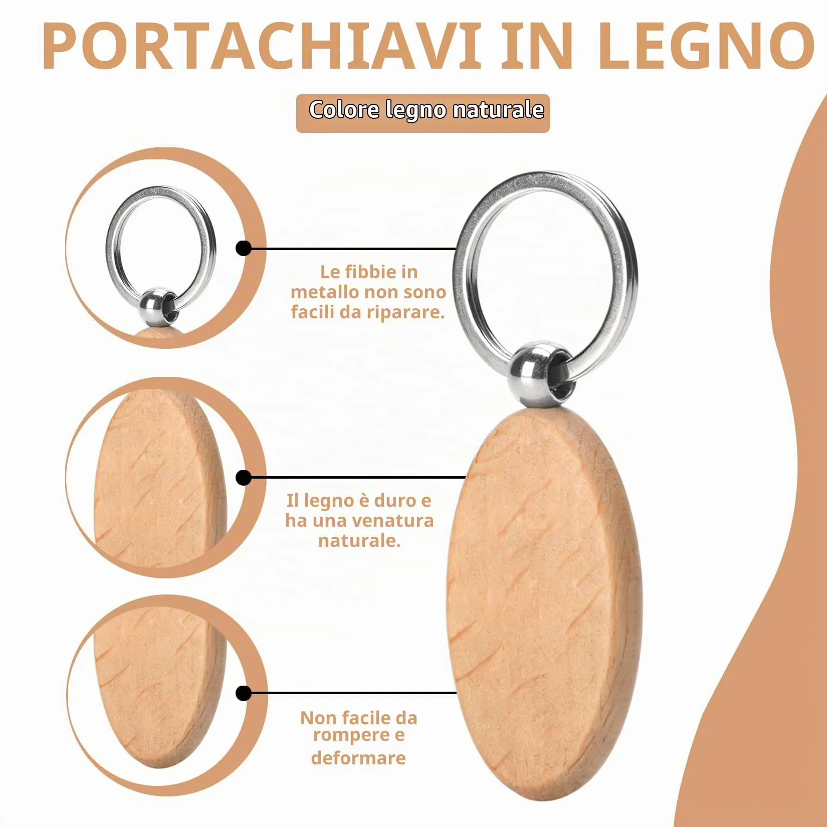 25 Pz Portachiavi in Legno Grezzo Ovale, Personalizzabili Fai-da-Te - immagine 3