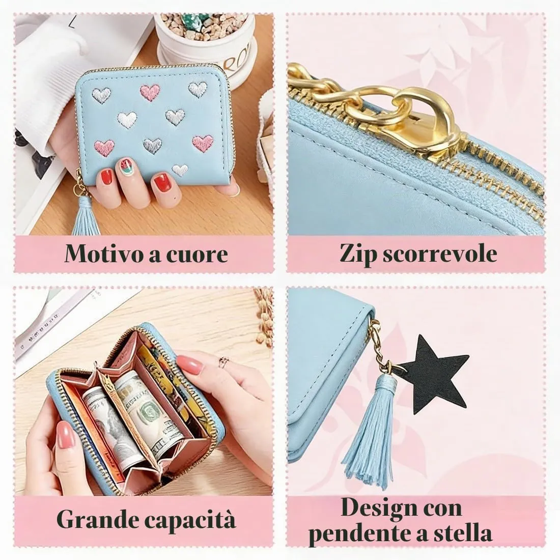 ZUWIJEQ Portafoglio Bambino, borsetta ragazza, PU Carino Ricamo Cuore Sottile Piccoli Portafoglio Ragazza con Nappa Cerniera portafoglio Slim Donna Teens Ragazze con Nastri di Gomma (Blu) - immagine 3