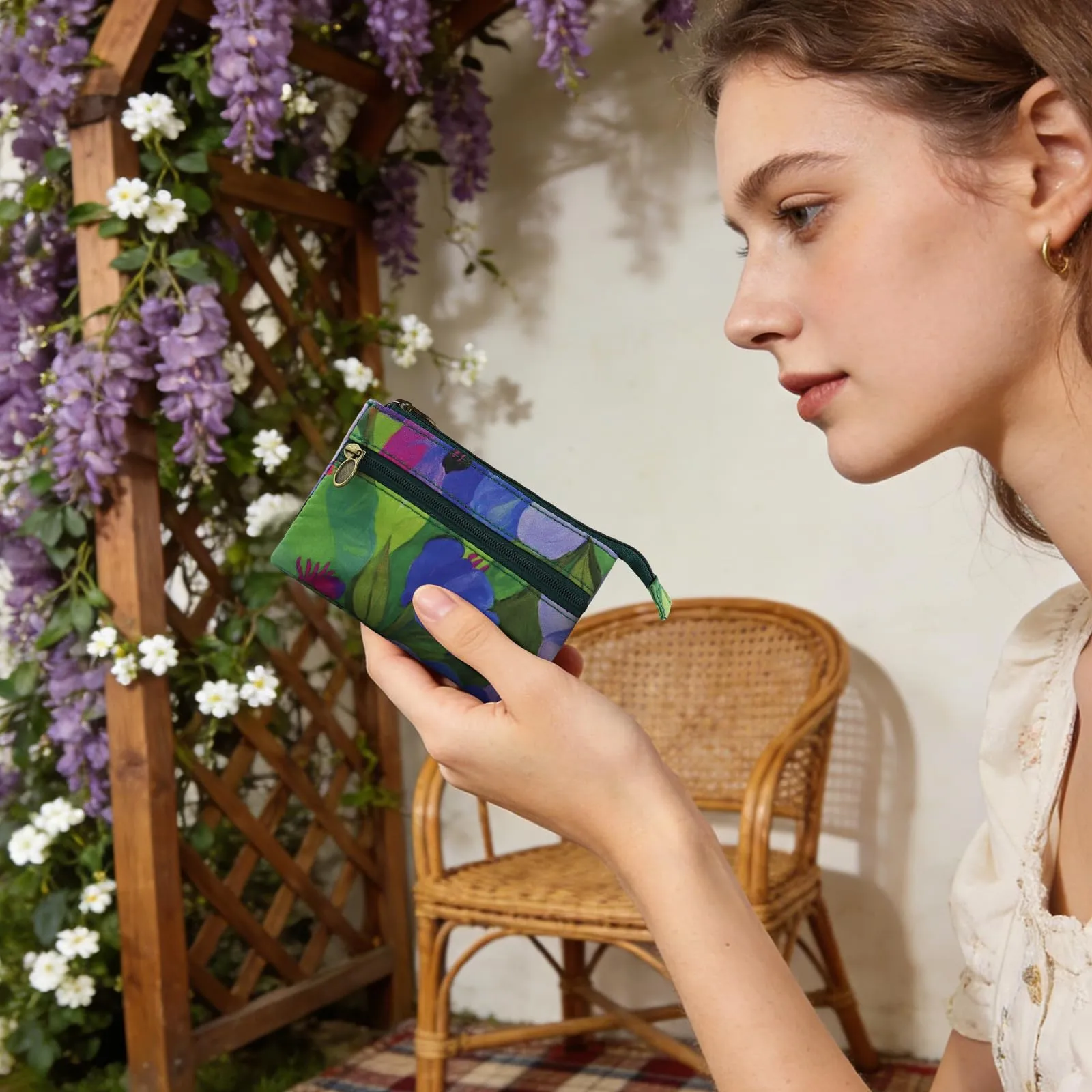 Energather Portafoglio piccolo, in cotone, per donne e ragazze, piccolo mini portamonete con chiusura lampo, per monete, biglietti, ricevute, monete, verde, s, casual - immagine 5