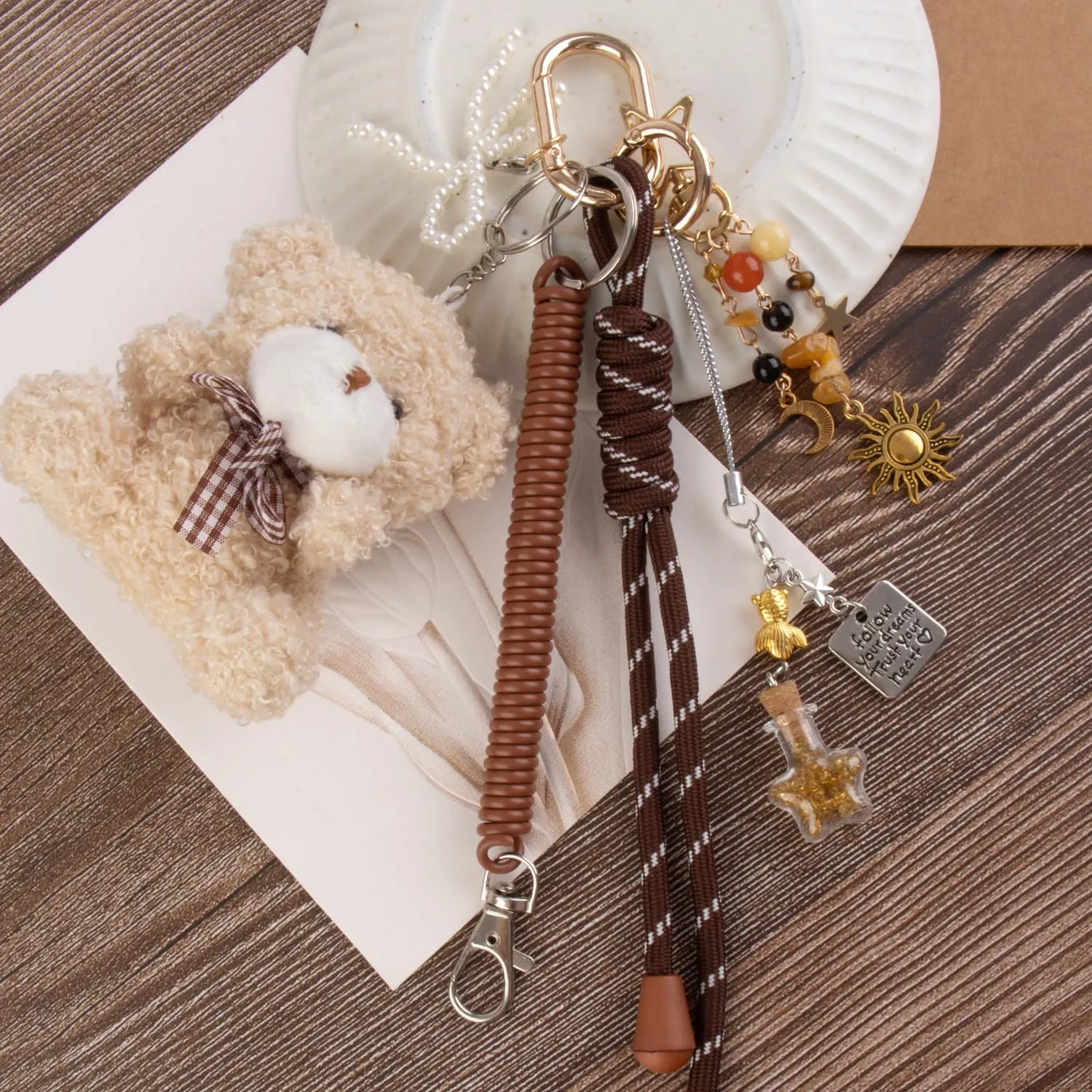 Georgie Porgy Portachiavi Borse Accessori per Donna Borsa Ciondolo Borsa Charm Zaino Scuola Borsa Sportiva Cute Keychain Regali per Ragazze (Orso Sole Bottiglia dei Desideri) - immagine 4