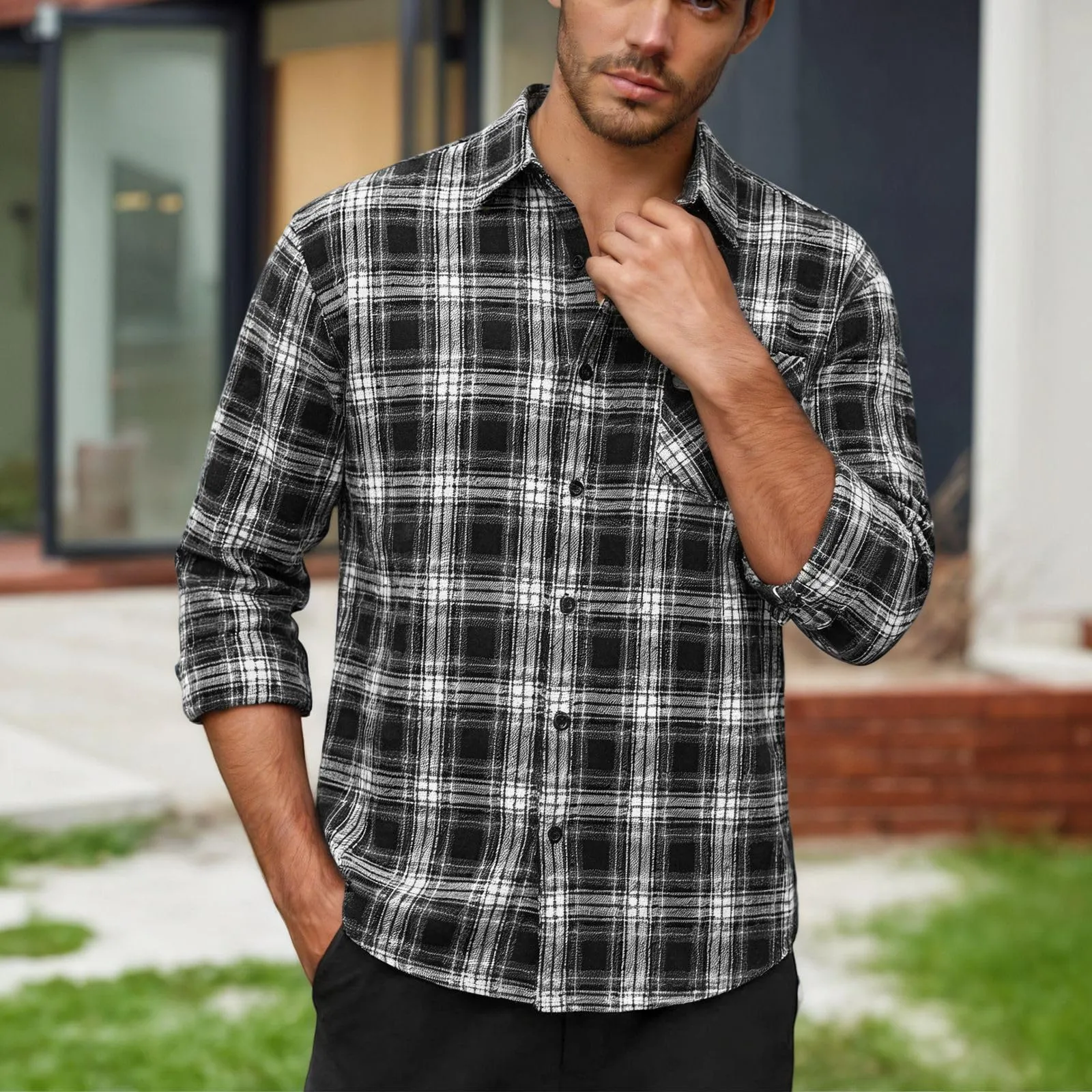 Camicia da lavoro da uomo, Loose Fit, in flanella, a quadri, per l'inverno, per il tempo libero, a maniche lunghe, in lino, S11 nero, 3XL - immagine 2