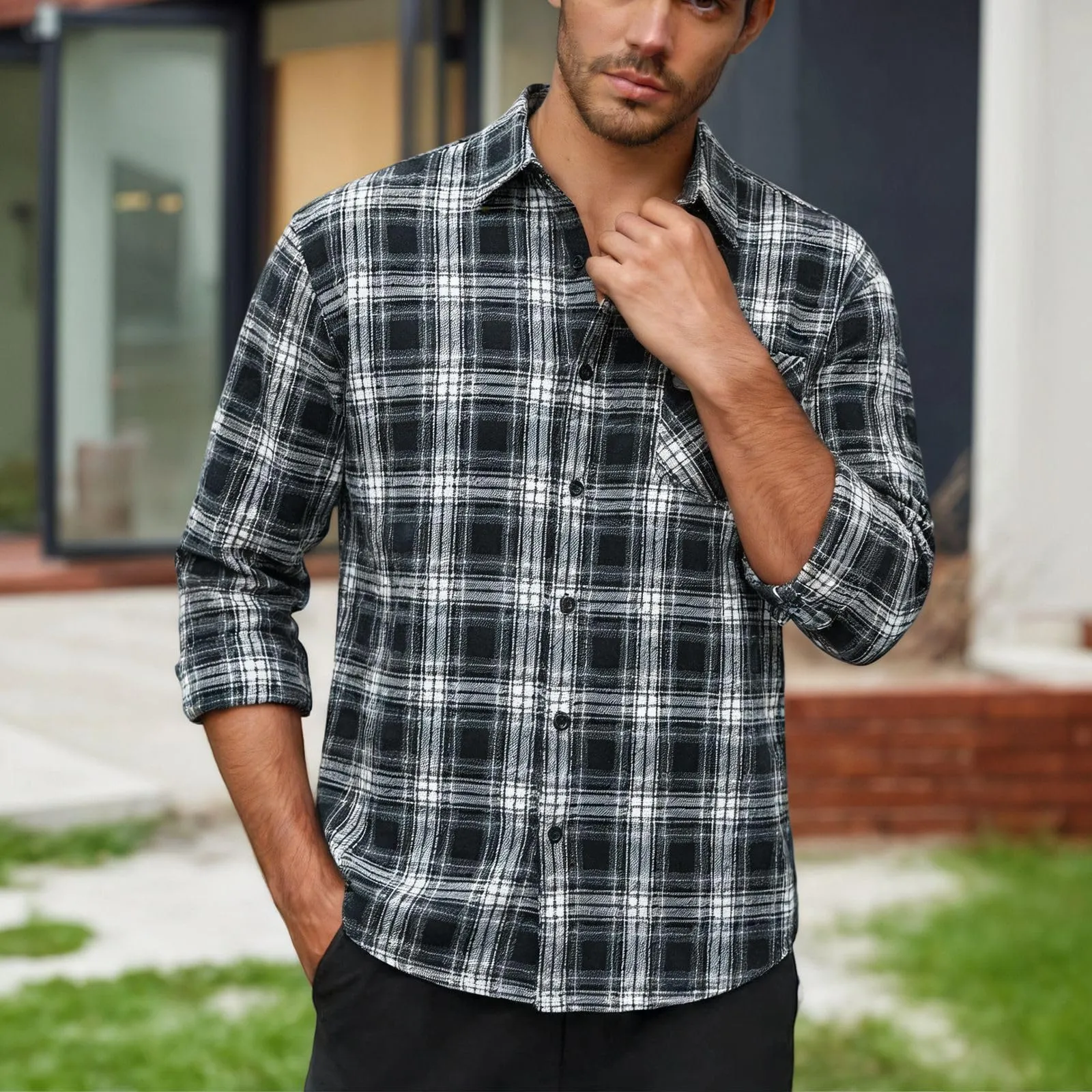 Camicia da lavoro da uomo, Loose Fit, in flanella, a quadri, per l'inverno, per il tempo libero, a maniche lunghe, in lino, M - immagine 2
