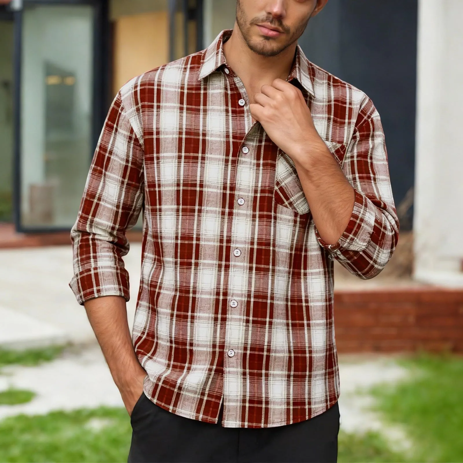 Camicia da lavoro da uomo, Loose Fit, in flanella, a quadri, per l'inverno, per il tempo libero, a maniche lunghe, in lino, 5XL - immagine 2