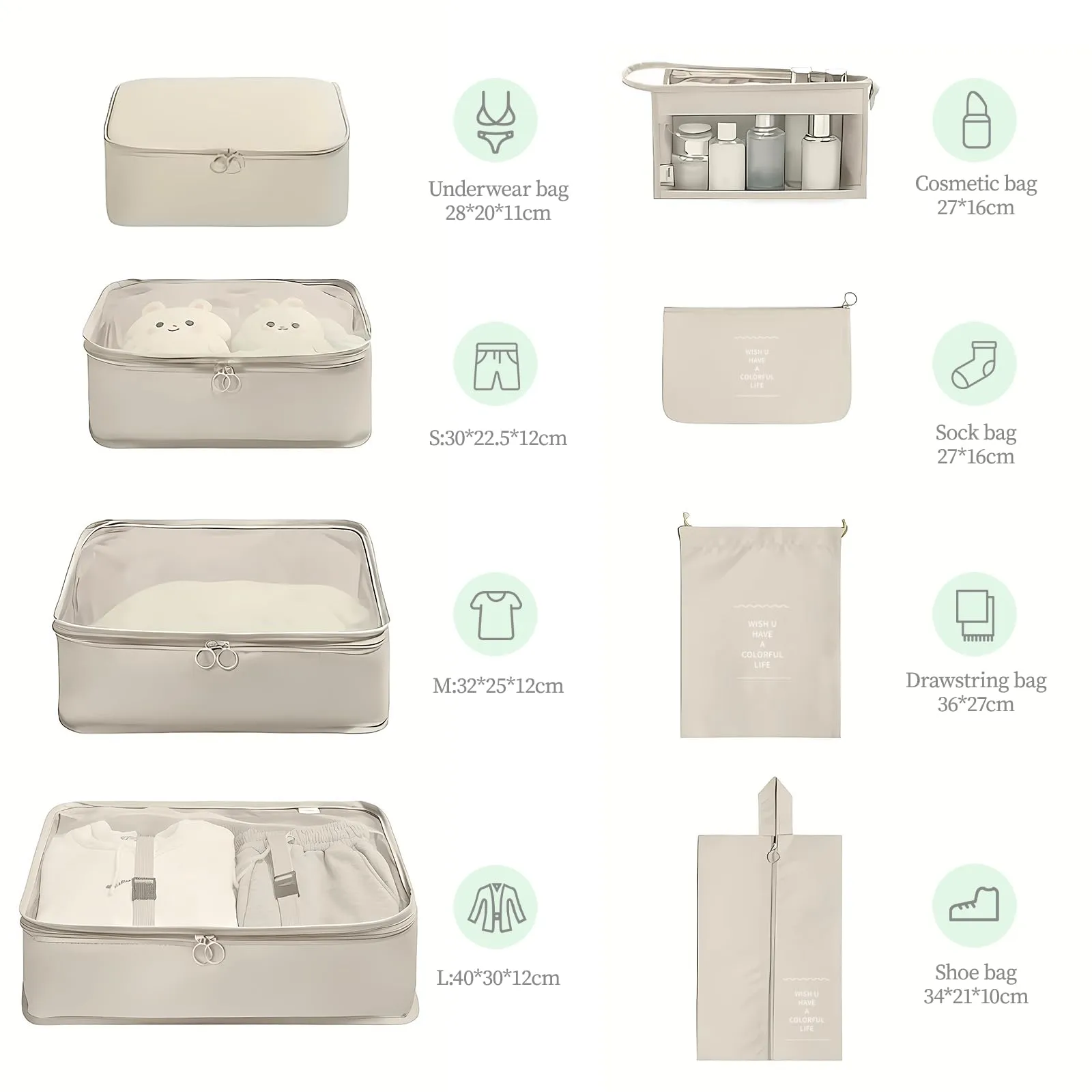 CHALVIOR Set di Organizer per Valigie, 8 in 1 Organizer Valigia, Viaggio Accessori Utili, Packing Cubes Organizer Viaggio Salvaspazio, Travel Bag per Vestiti, Scarpe, Cosmetici Deposito, Beige - immagine 2