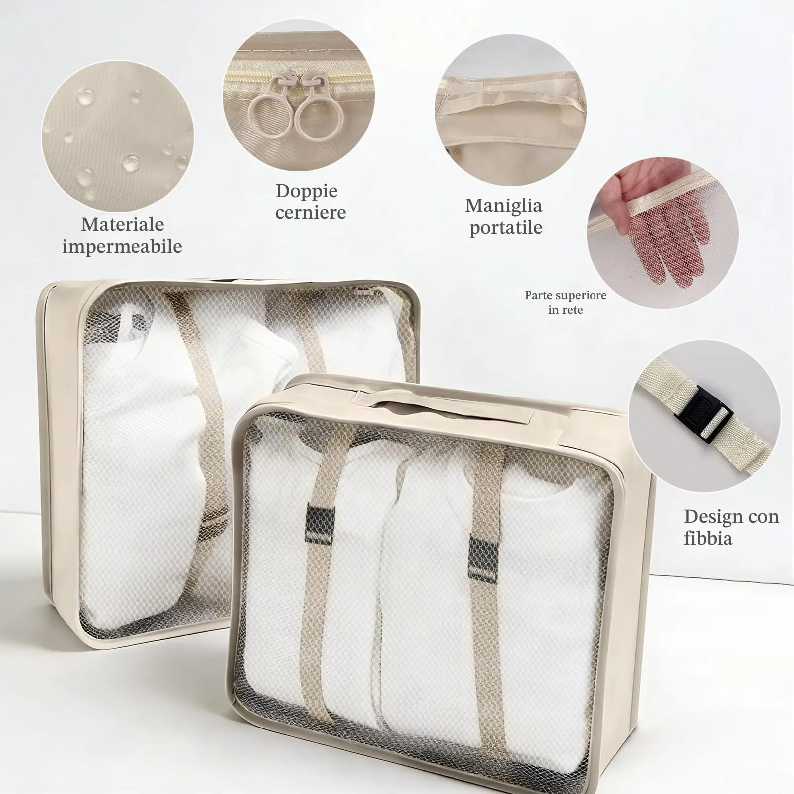 CHALVIOR Set di Organizer per Valigie, 8 in 1 Organizer Valigia, Viaggio Accessori Utili, Packing Cubes Organizer Viaggio Salvaspazio, Travel Bag per Vestiti, Scarpe, Cosmetici Deposito, Beige - immagine 3