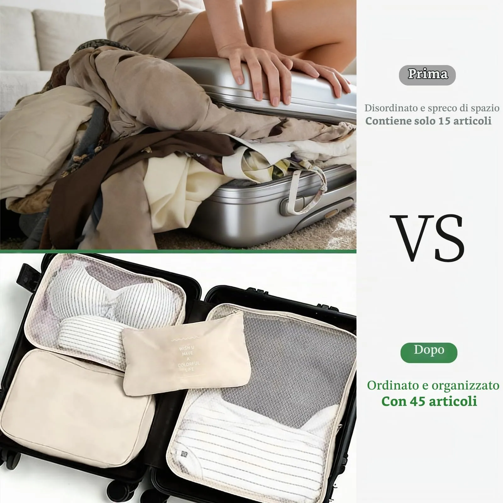 CHALVIOR Set di Organizer per Valigie, 8 in 1 Organizer Valigia, Viaggio Accessori Utili, Packing Cubes Organizer Viaggio Salvaspazio, Travel Bag per Vestiti, Scarpe, Cosmetici Deposito, Beige - immagine 4