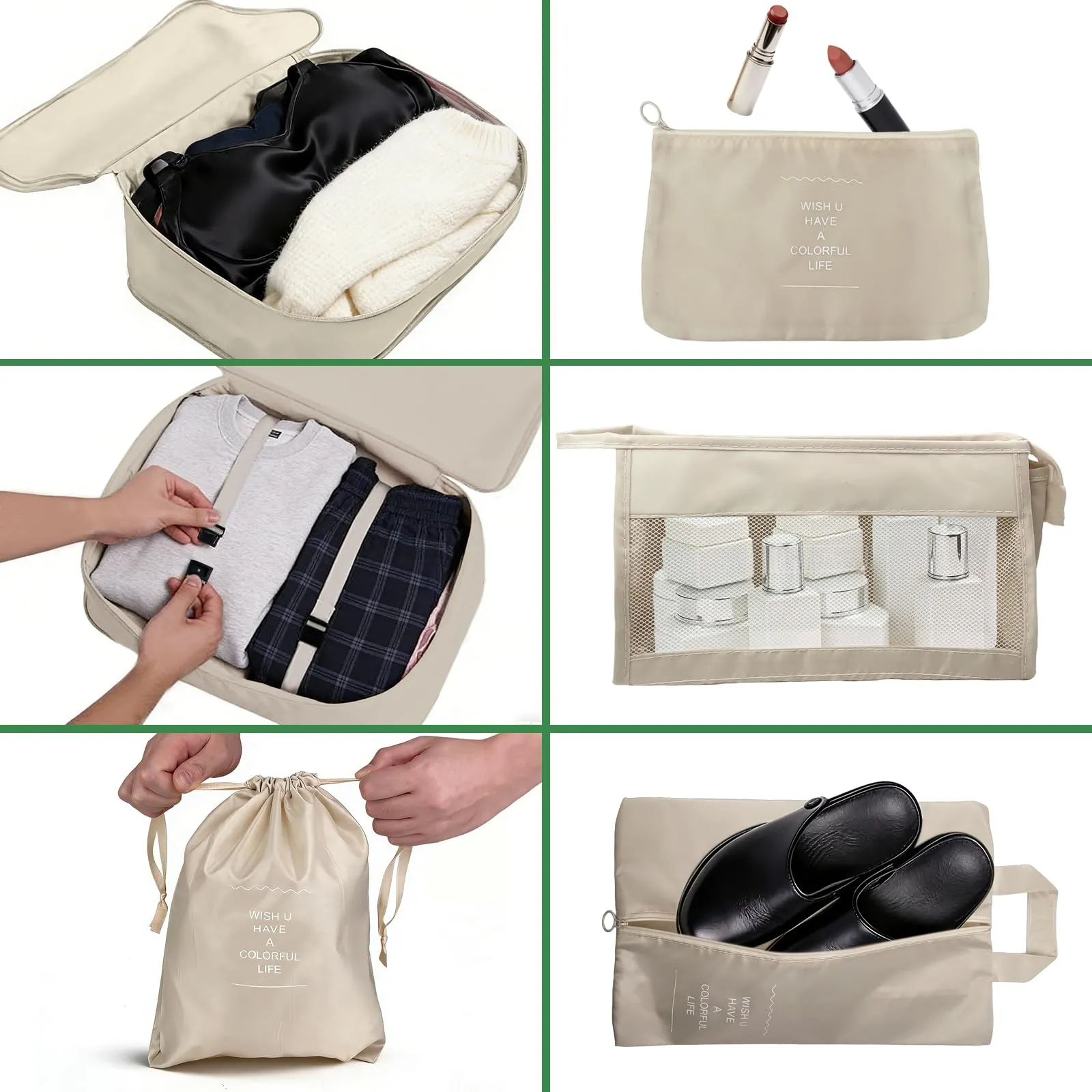 CHALVIOR Set di Organizer per Valigie, 8 in 1 Organizer Valigia, Viaggio Accessori Utili, Packing Cubes Organizer Viaggio Salvaspazio, Travel Bag per Vestiti, Scarpe, Cosmetici Deposito, Beige - immagine 5