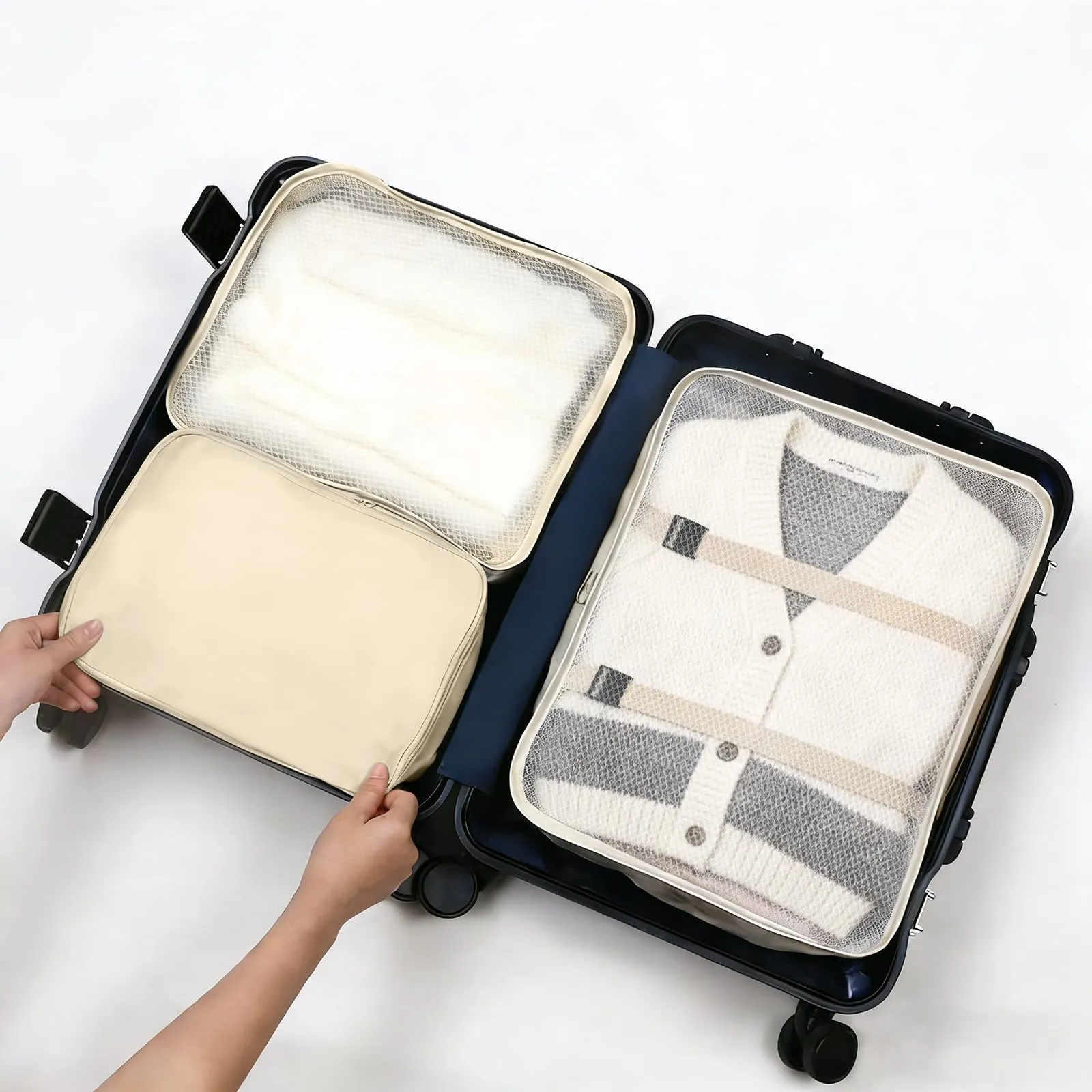 CHALVIOR Set di Organizer per Valigie, 8 in 1 Organizer Valigia, Viaggio Accessori Utili, Packing Cubes Organizer Viaggio Salvaspazio, Travel Bag per Vestiti, Scarpe, Cosmetici Deposito, Beige - immagine 7