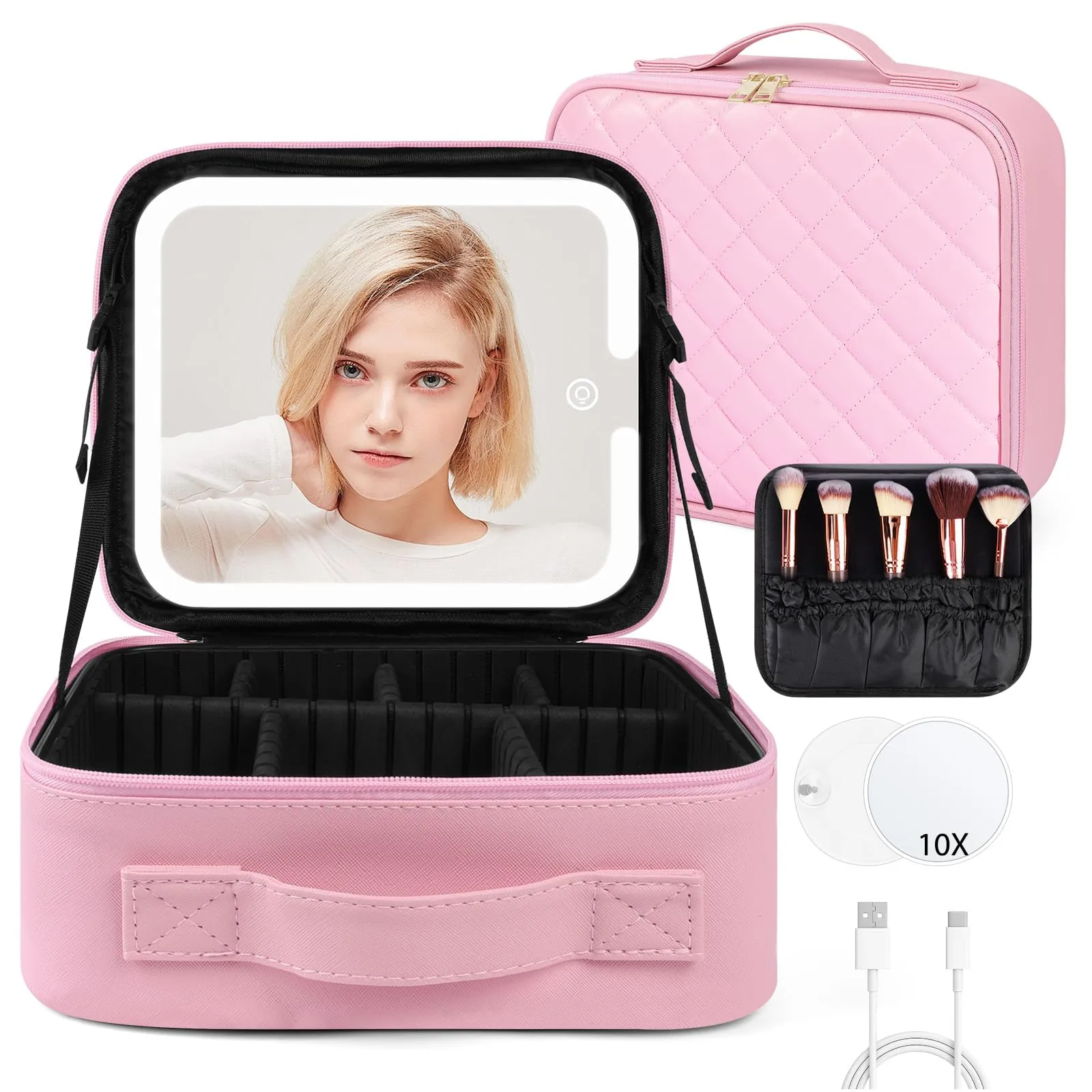 OSDUE Beauty Case da Viaggio Donna, con Specchio LED, Divisore, 23x26cm - immagine 1