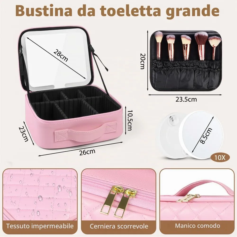 OSDUE Beauty Case da Viaggio Donna, con Specchio LED, Divisore, 23x26cm - immagine 2