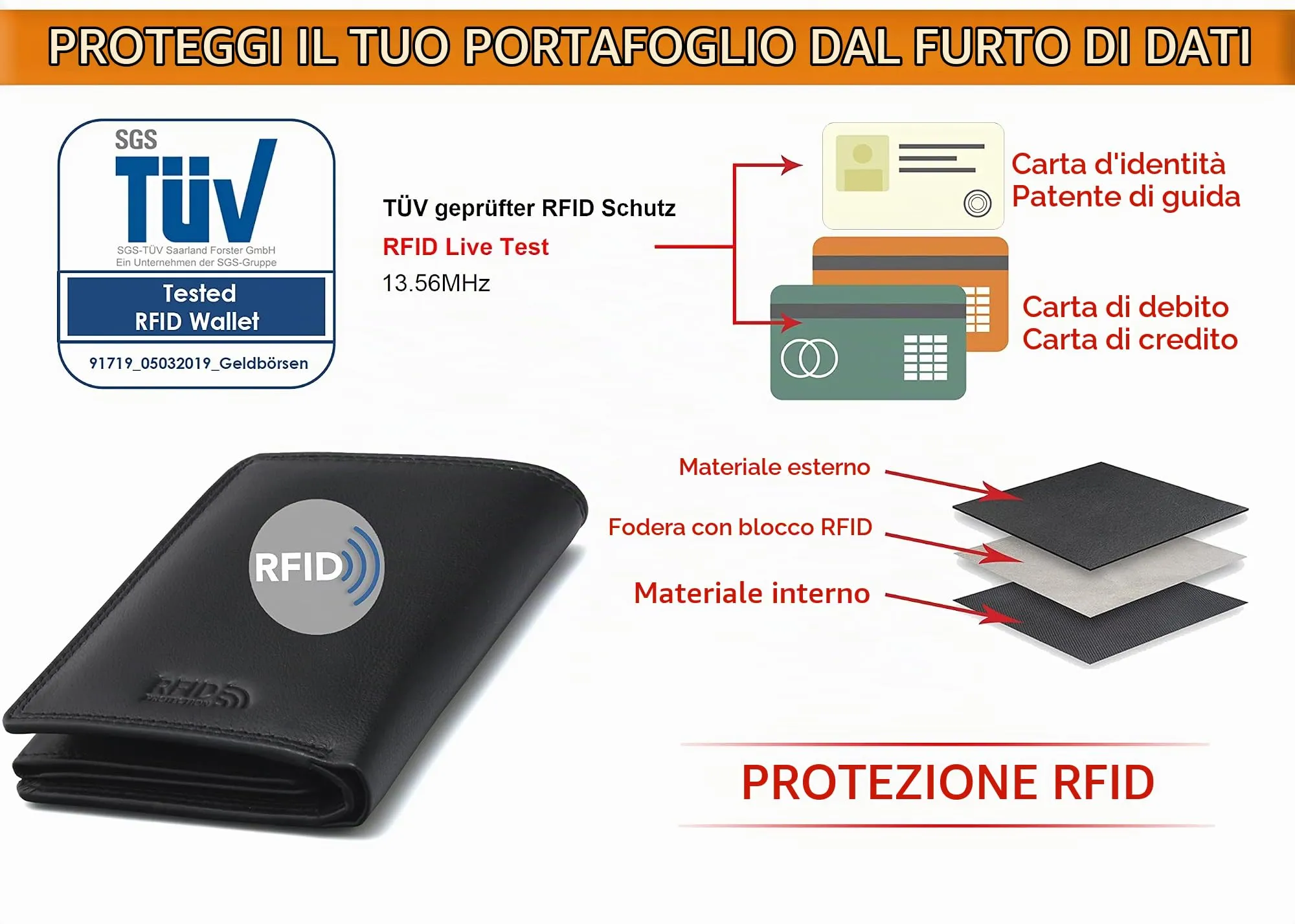 Fa.Volmer Portafoglio nero in vera pelle in formato verticale - PROTEZIONE RFID - del modello Ph3“ - immagine 6