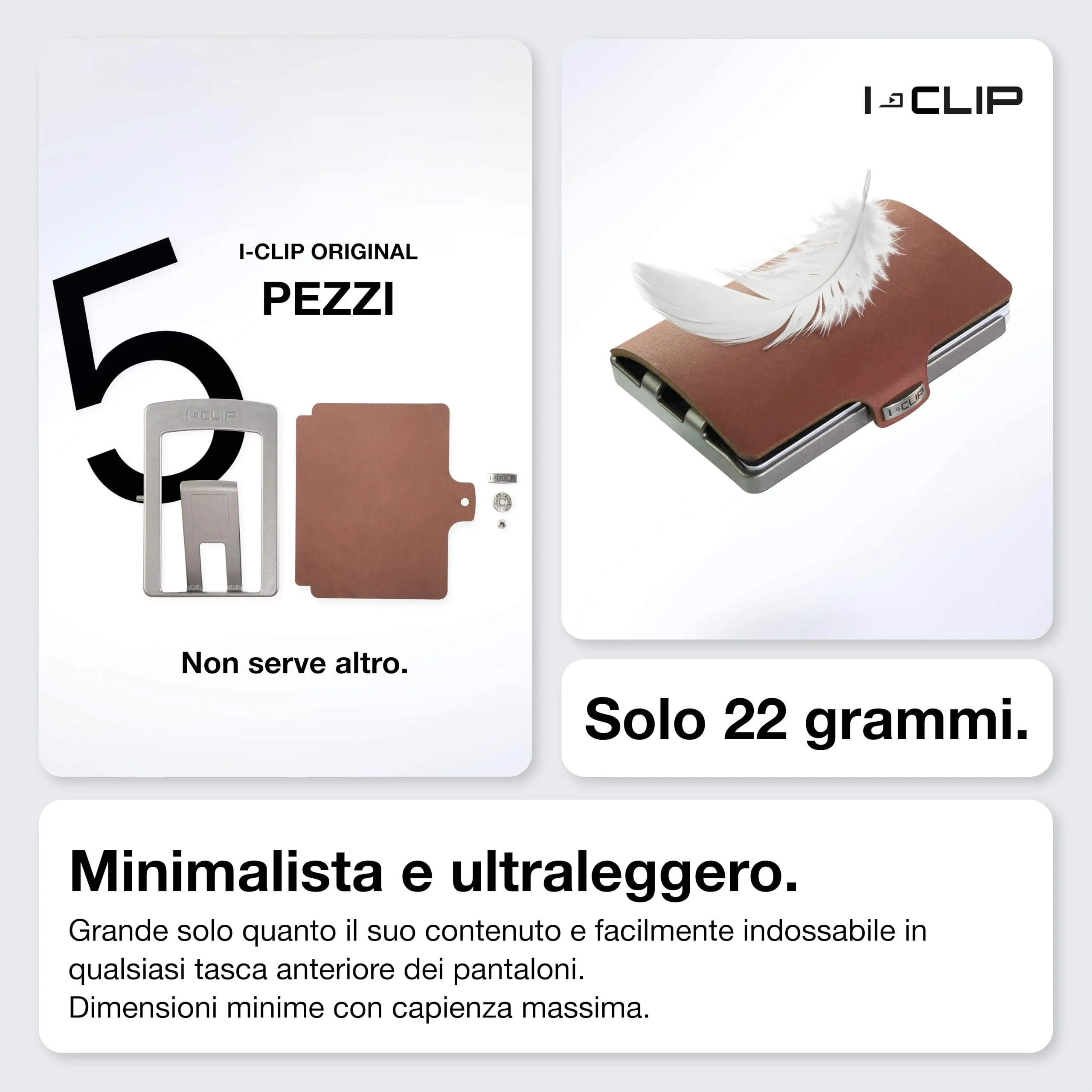 I-CLIP Original Portafoglio Uomo Slim Banconote, Mini Wallet fino a 12 Carte, Ultraleggero con soli 22g, Pelle Liscia Rovere, Telaio Argento - immagine 3