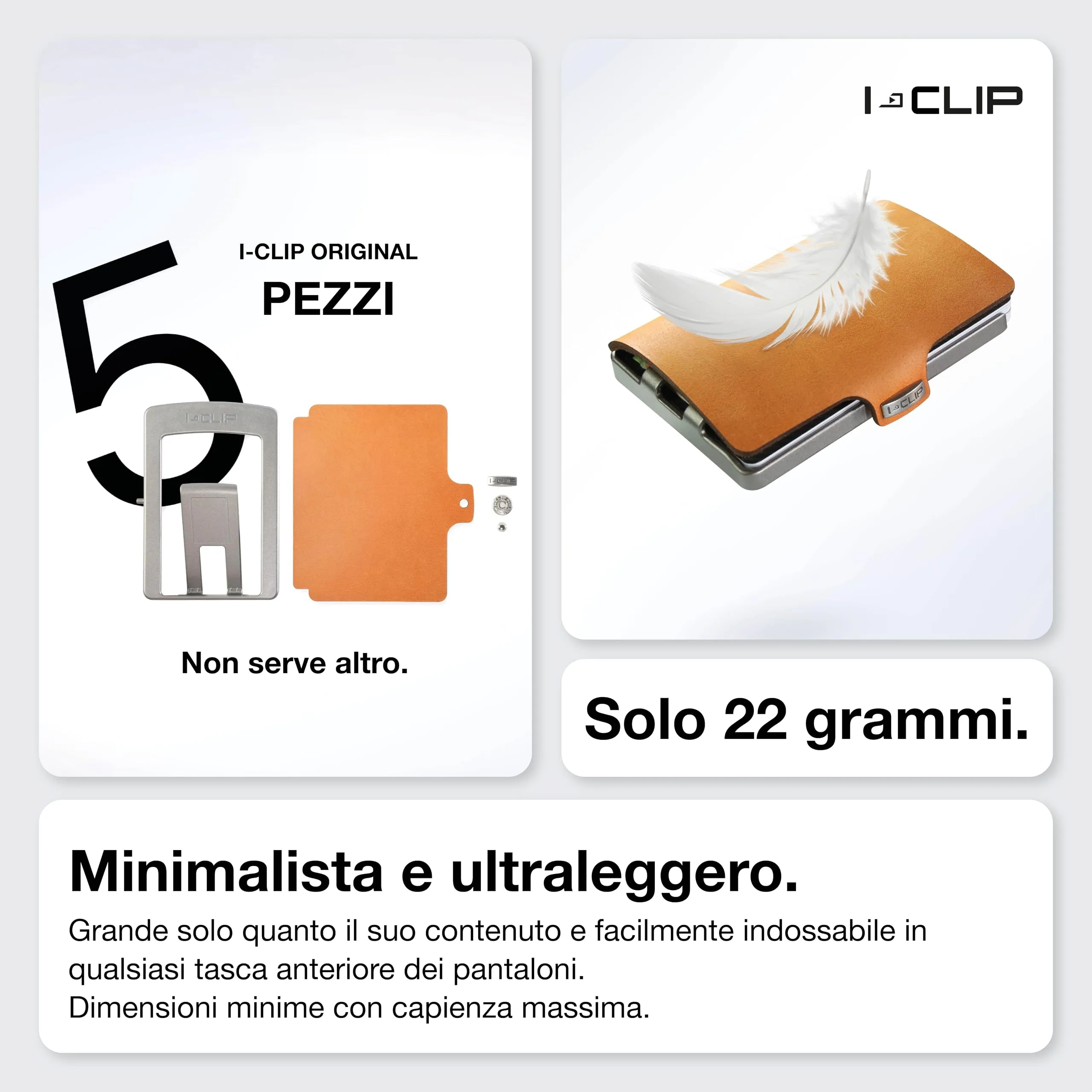 I-CLIP Original Portafoglio Uomo Slim Banconote, Mini Wallet fino a 12 Carte, Ultraleggero con soli 22g, Pelle Liscia Desert, Telaio Argento - immagine 3