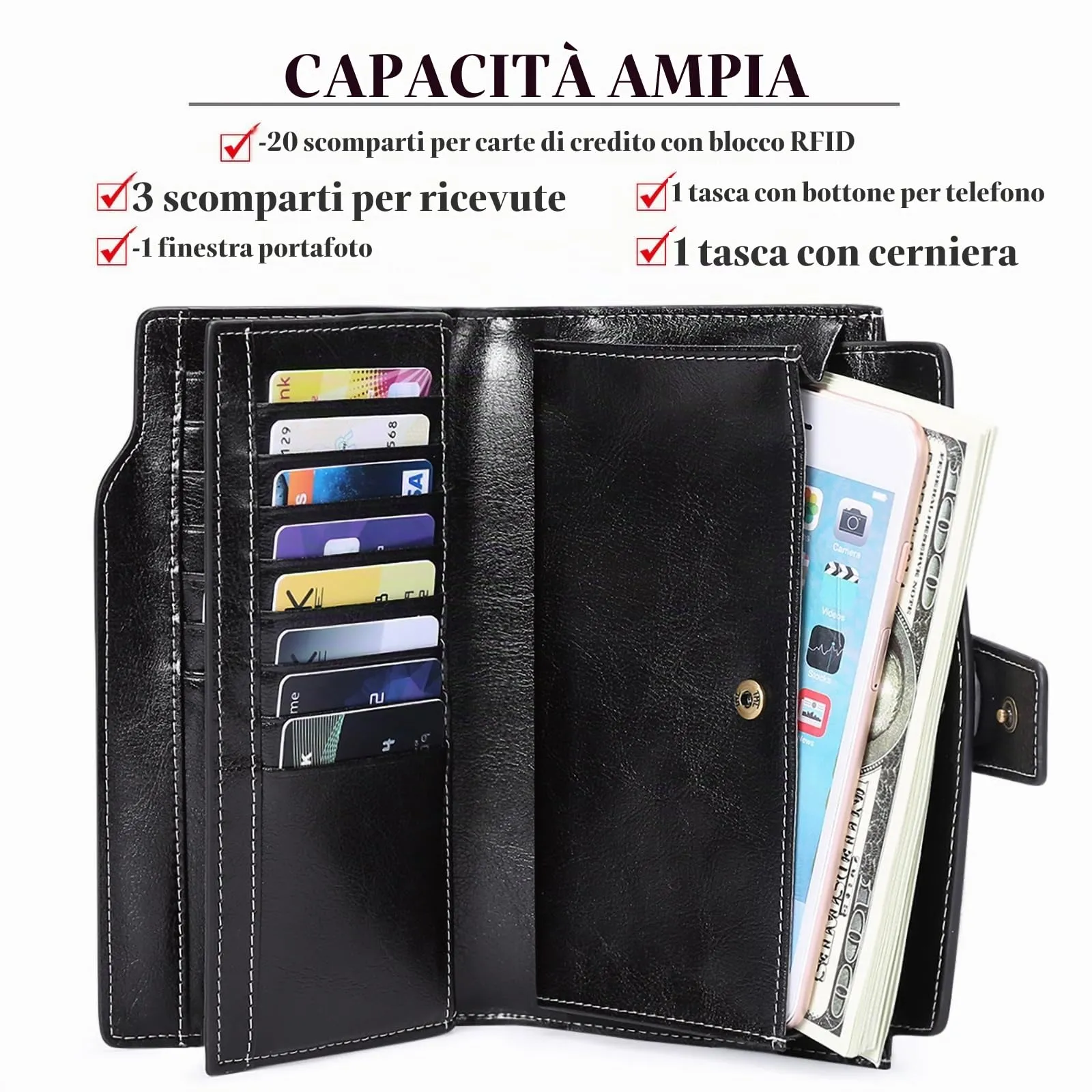 SENDEFN Portafoglio Donna Grande Capacità Pelle RFID Portamonete Donna,con 20 Titolari di Carta Cerniera Portafoglio - immagine 2