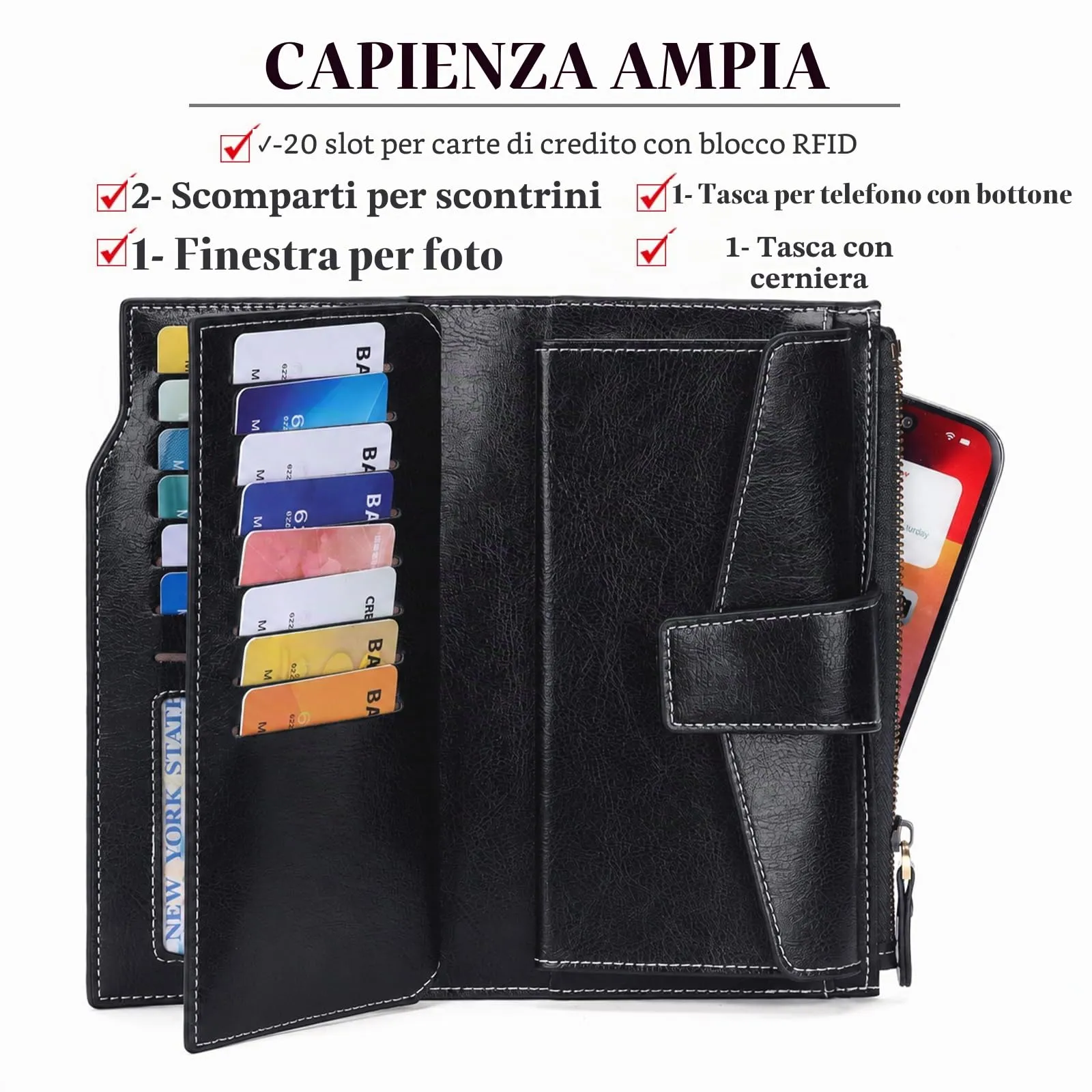 SENDEFN Portafoglio Donna Grande Capacità Pelle RFID Portamonete Donna,con 20 Titolari di Carta Cerniera Portafoglio - immagine 5