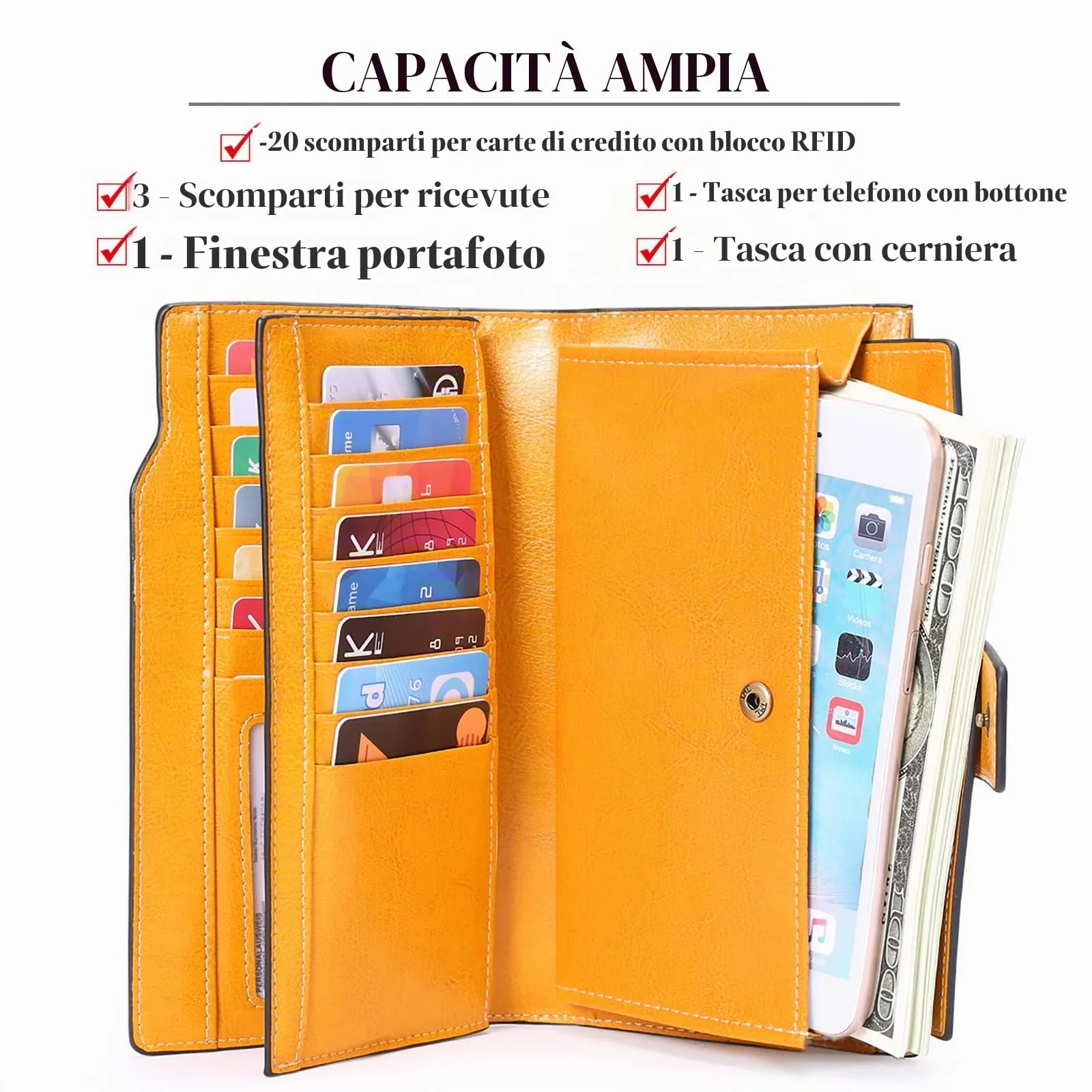 SENDEFN Portafoglio Donna Grande Capacità in Pelle RFID Con 20 Titolari di Carta e Cerniera Portamonete - immagine 2