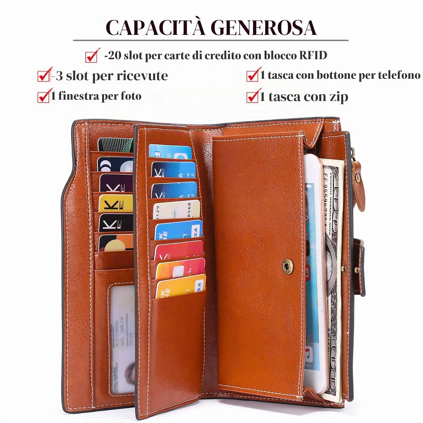SENDEFN Portafoglio Donna Grande Capacità Pelle RFID Portamonete Donna,con 20 Titolari di Carta Cerniera Portafoglio - immagine 2