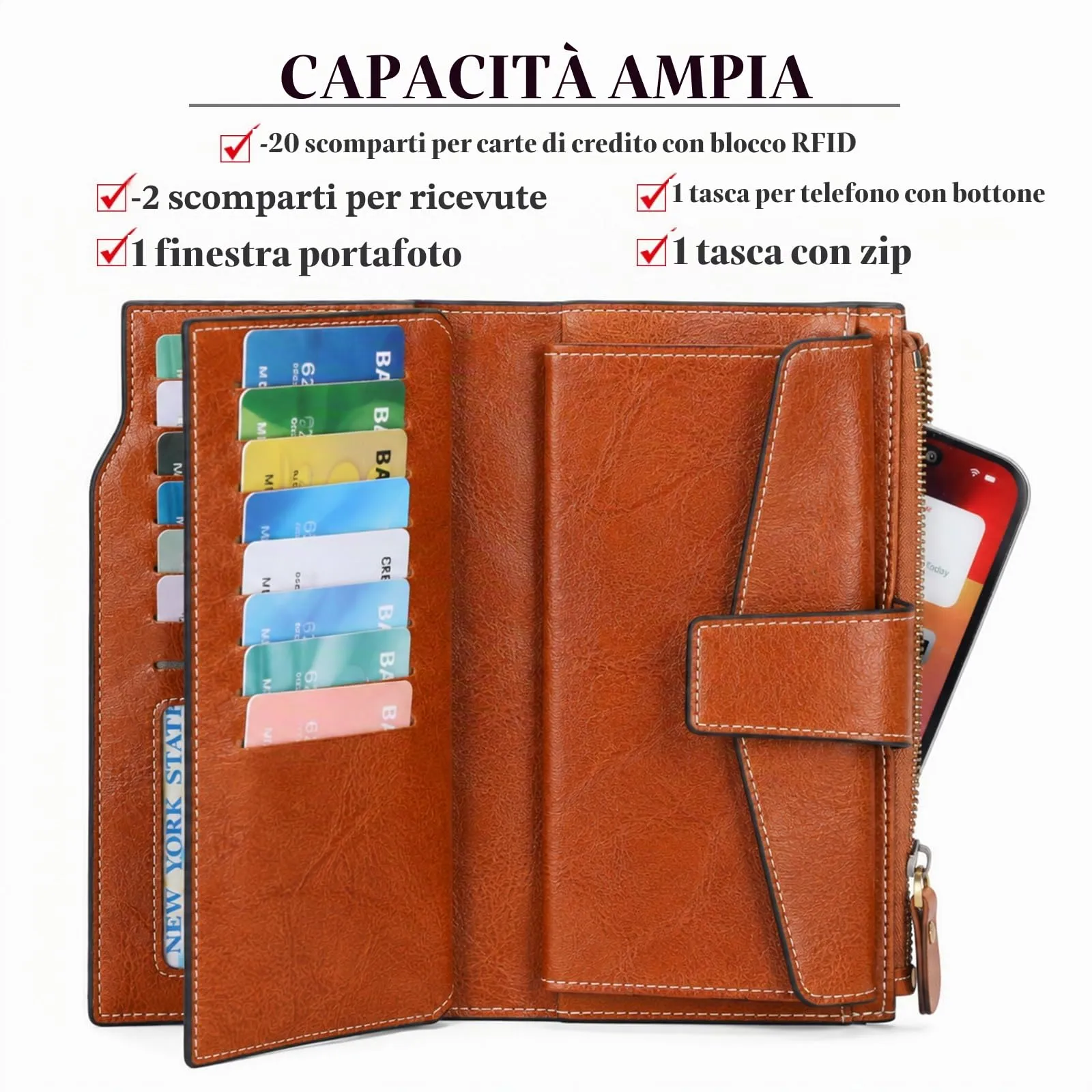 SENDEFN Portafoglio Donna Grande Capacità Pelle RFID Portamonete Donna,con 20 Titolari di Carta Cerniera Portafoglio - immagine 8