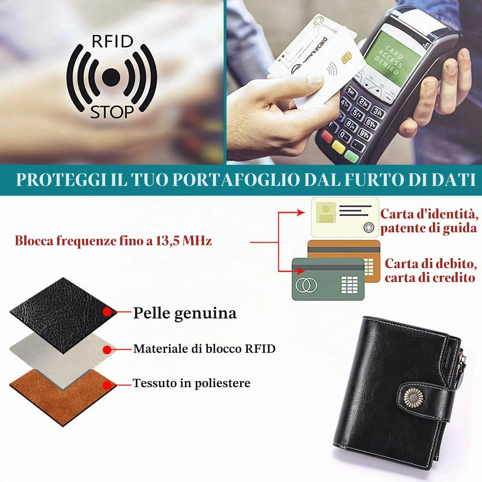 SENDEFN Portafoglio Donna Pelle con Bloccaggio RFID Piccolo Portamonete Donna, 10 Scomparti per Carte con 2 Finestra di Identificazione e 1 Tasca con Cerniera - immagine 5
