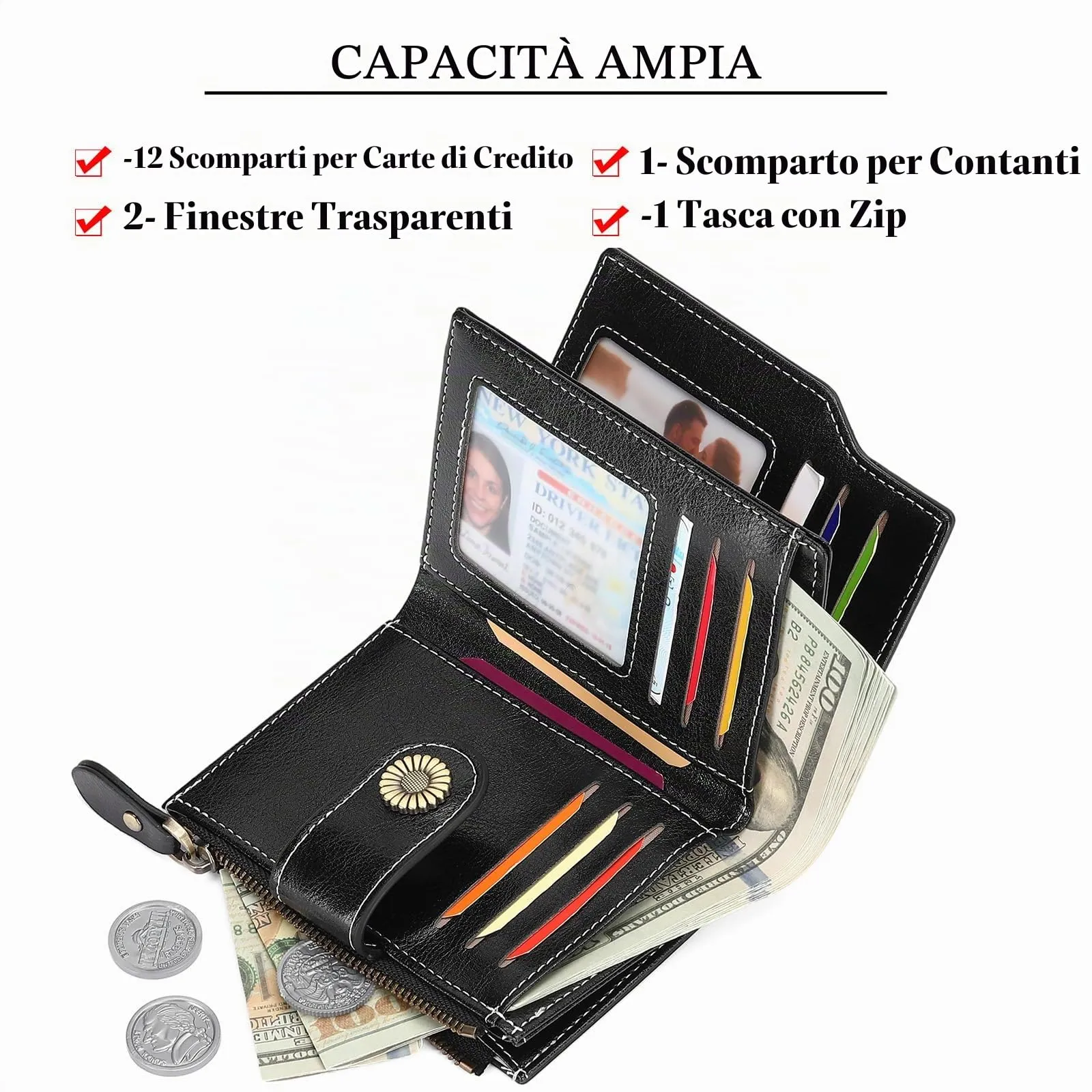 SENDEFN Portafoglio Donna Pelle con Bloccaggio RFID Piccolo Portamonete Donna, 10 Scomparti per Carte con 2 Finestra di Identificazione e 1 Tasca con Cerniera - immagine 6