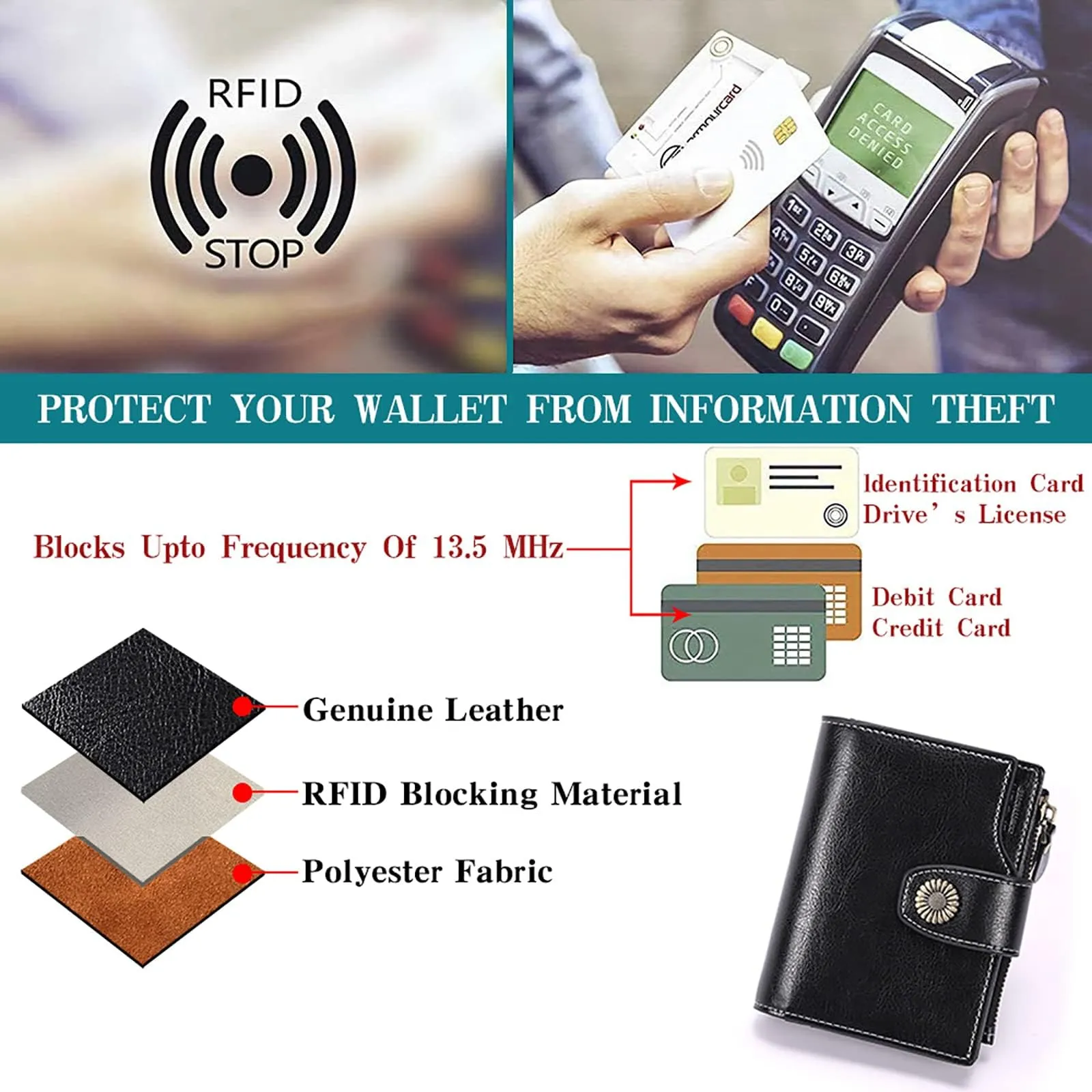 SENDEFN Portafoglio Donna Pelle con Bloccaggio RFID Piccolo Portamonete Donna, 10 Scomparti per Carte con 2 Finestra di Identificazione e 1 Tasca con Cerniera - immagine 9